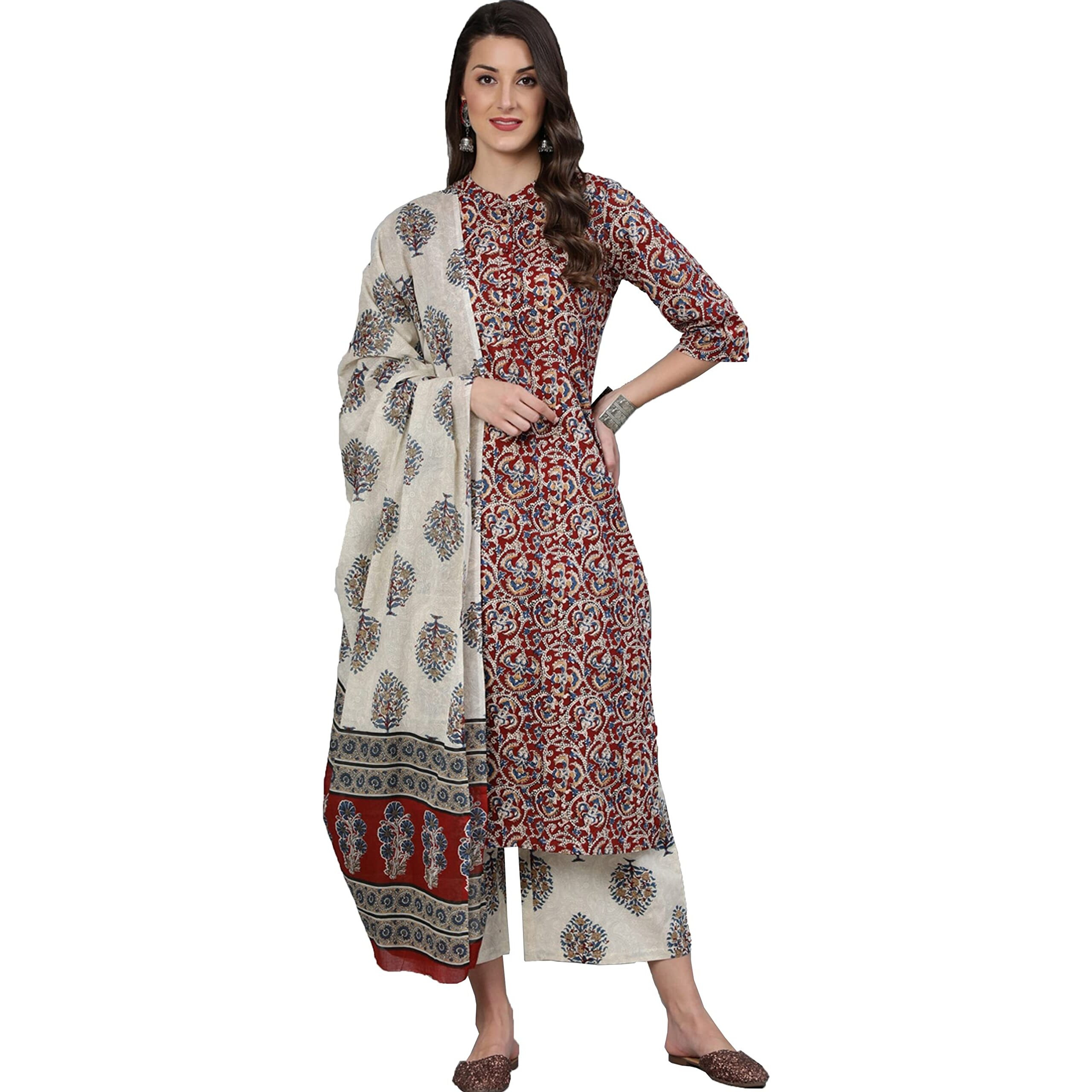 Arayna Women's Floral Printed 100% Cotton Kurti Palazzo Pants Set With Dupatta (Xx-Large)