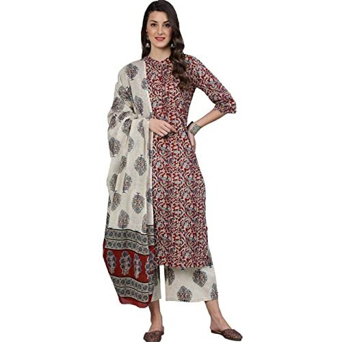 Arayna Women's Floral Printed 100% Cotton Kurti Palazzo Pants Set With Dupatta (Xxx-Large)