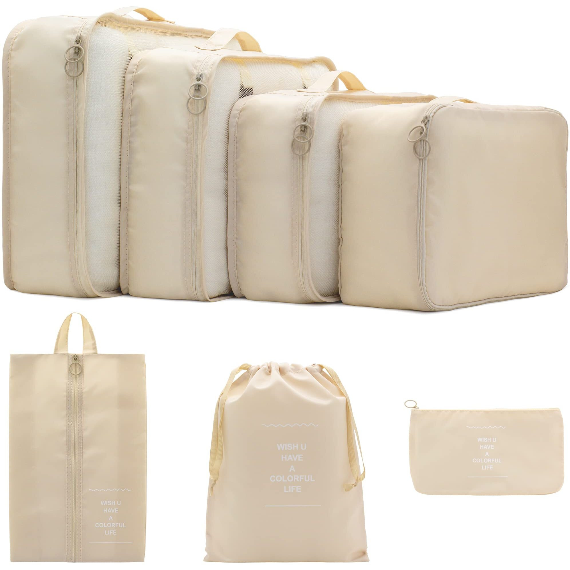 Pazimiik 7 Set Packing Cubes Clothes Storage Bag Luggage Packing Organizers For Travel Accessories Beige, Nylon