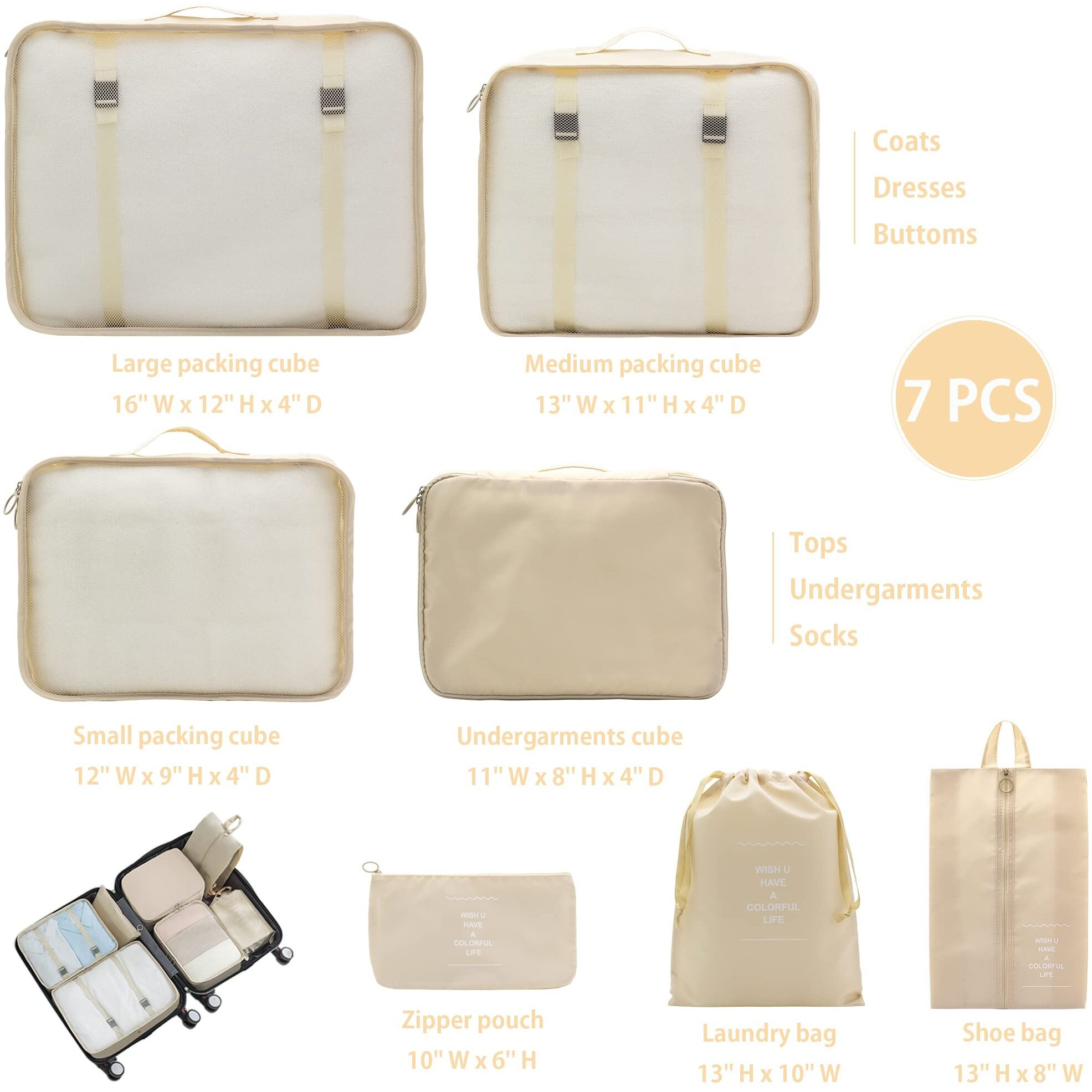 Pazimiik 7 Set Packing Cubes Clothes Storage Bag Luggage Packing Organizers For Travel Accessories Beige, Nylon