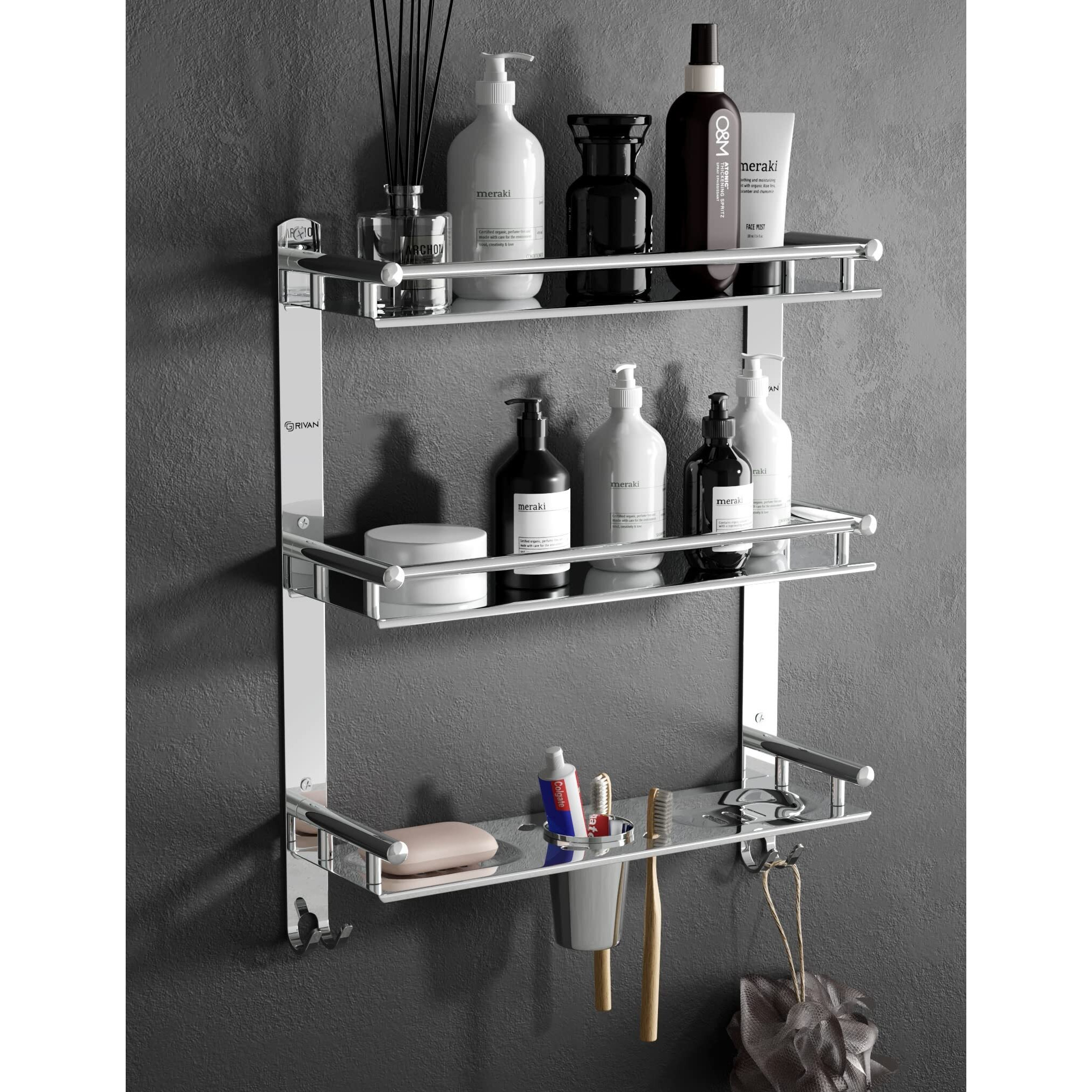 Grivan Stainless Steel 3 Layer/3 Tier Multipurpose Bathroom Shelf/Rack/Organizer/Stand/Holder With Double Soap Dish And Toothbrush Holder Tumbler Bathroom Accessories