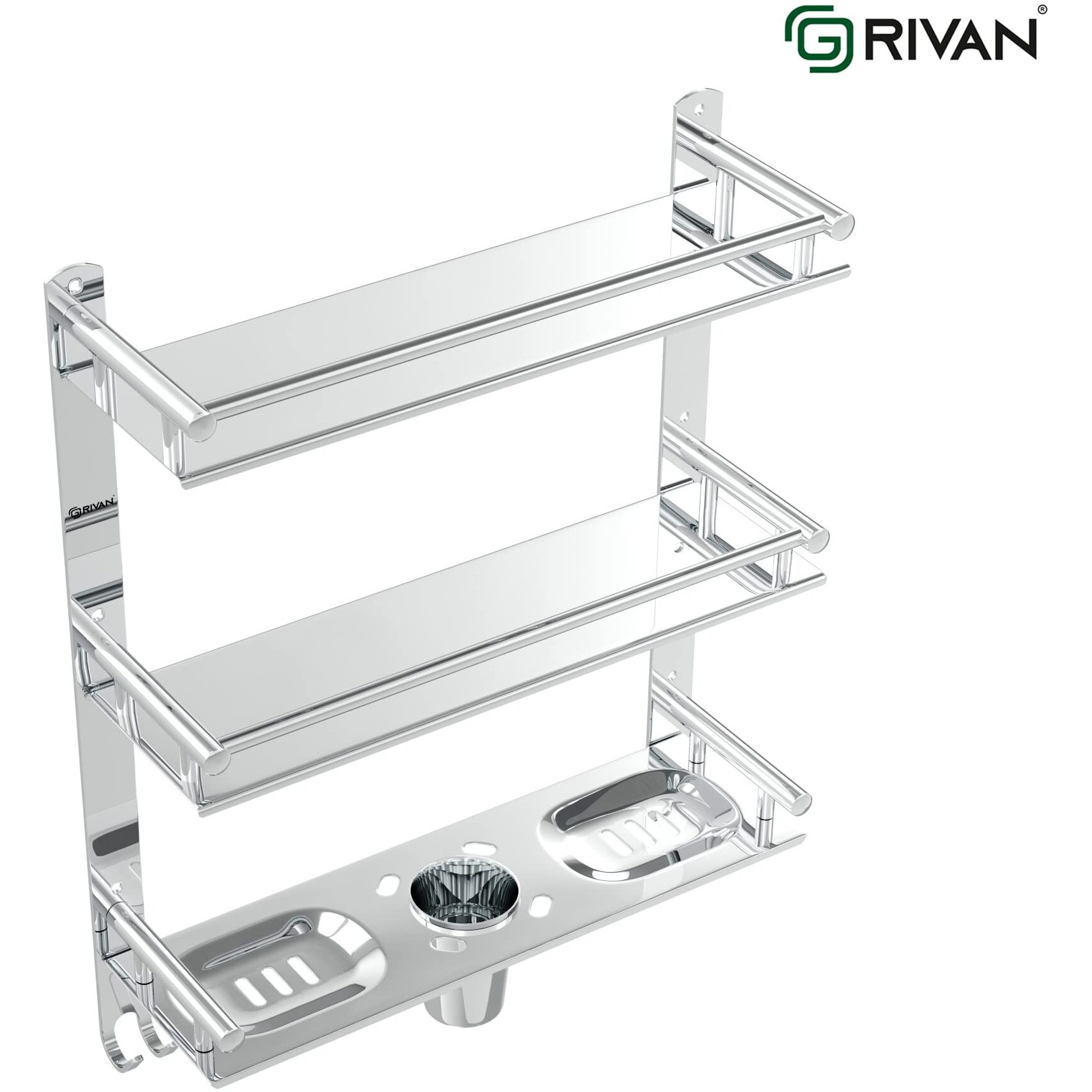 Grivan Stainless Steel 3 Layer/3 Tier Multipurpose Bathroom Shelf/Rack/Organizer/Stand/Holder With Double Soap Dish And Toothbrush Holder Tumbler Bathroom Accessories