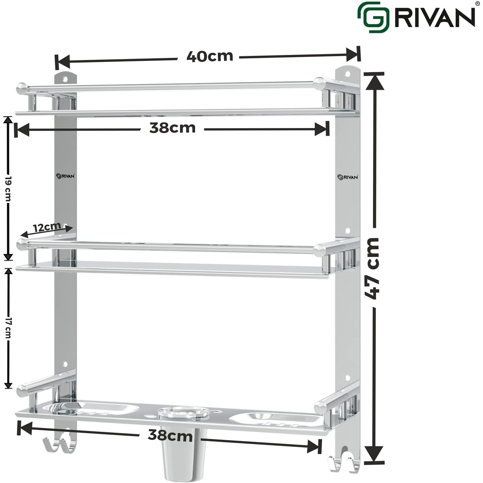 Grivan Stainless Steel 3 Layer/3 Tier Multipurpose Bathroom Shelf/Rack/Organizer/Stand/Holder With Double Soap Dish And Toothbrush Holder Tumbler Bathroom Accessories