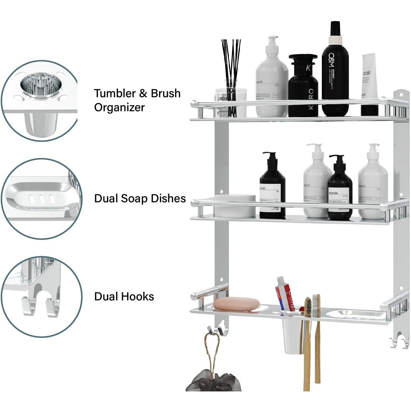 Livesup Stainless Steel 3 Wall Mount Layer Multipurpose Use Shelf Organizer Bathroom Shelf&Rack With Double Soap Dish&Toothbrush Holder Soap Holder Bathroom Accessories(15 X 5 X 19 Inch,Step Shelf)