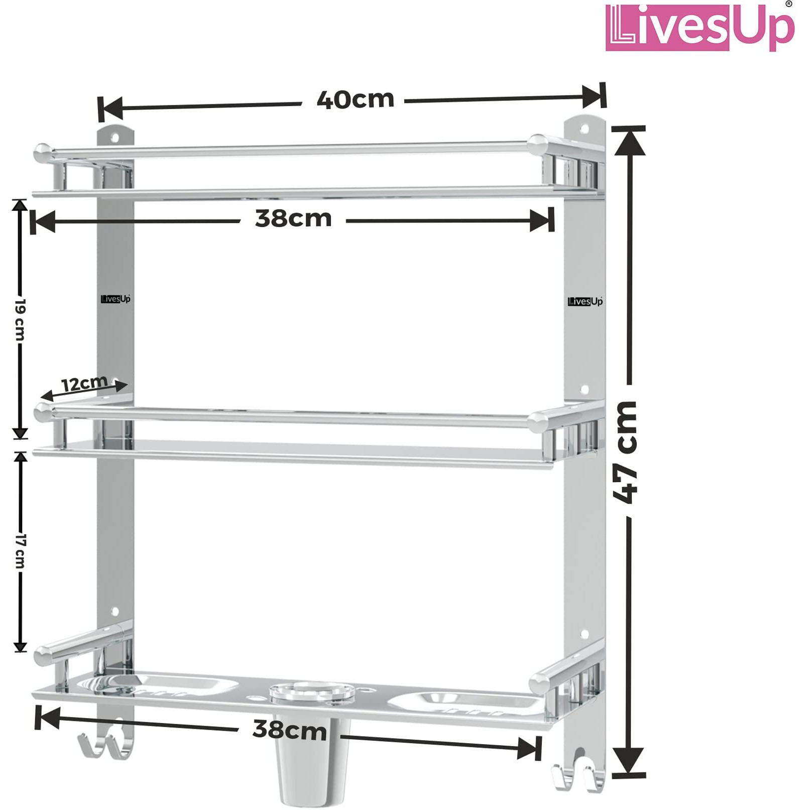 Livesup Stainless Steel 3 Wall Mount Layer Multipurpose Use Shelf Organizer Bathroom Shelf&Rack With Double Soap Dish&Toothbrush Holder Soap Holder Bathroom Accessories(15 X 5 X 19 Inch,Step Shelf)