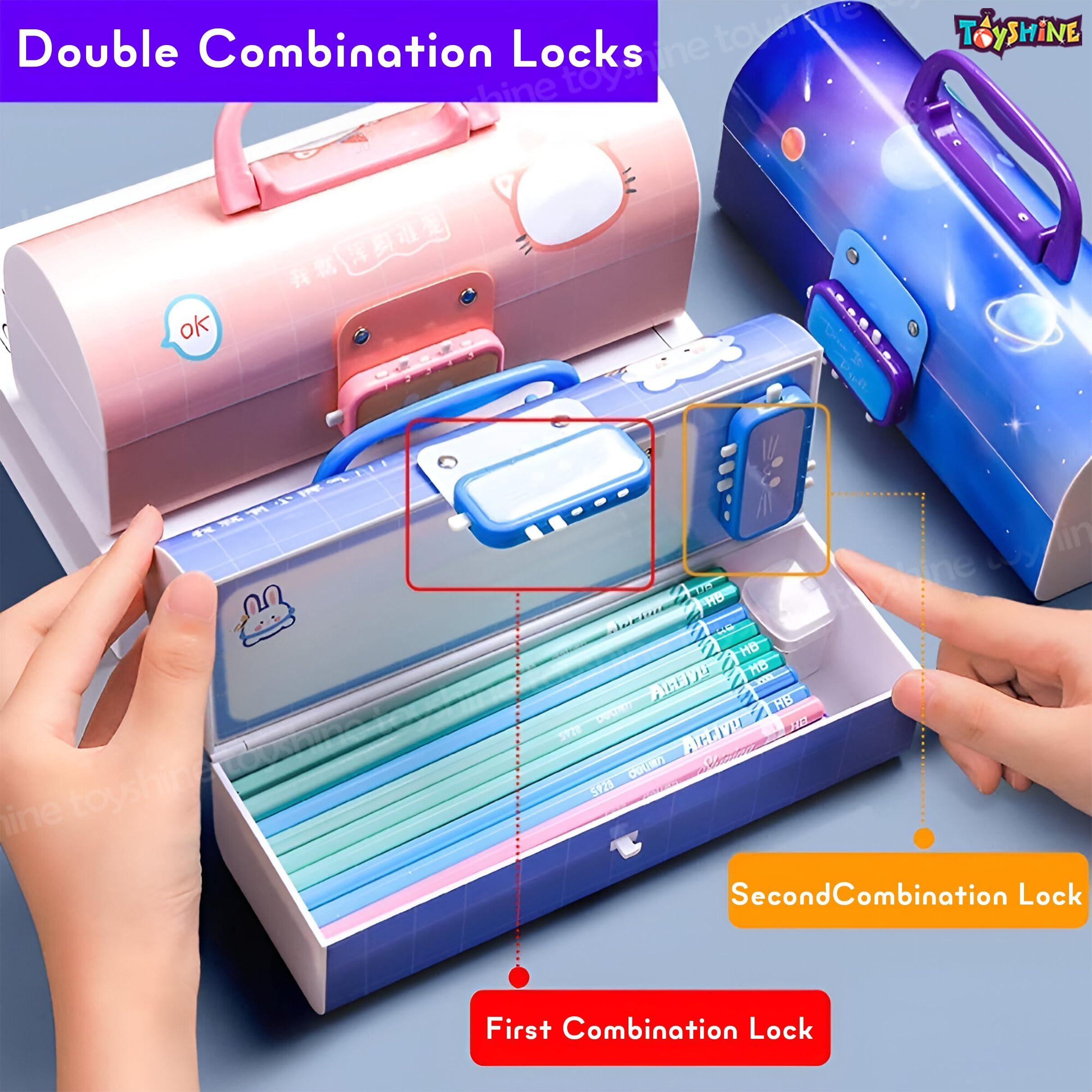 Toyshine Pencil Box With Code Lock Pen Case Large Capacity Multi-Layer Multi-Function Storage Bag Secret Compartment Pencil Box - Dino Multi-Color - Plastic, Multicolor