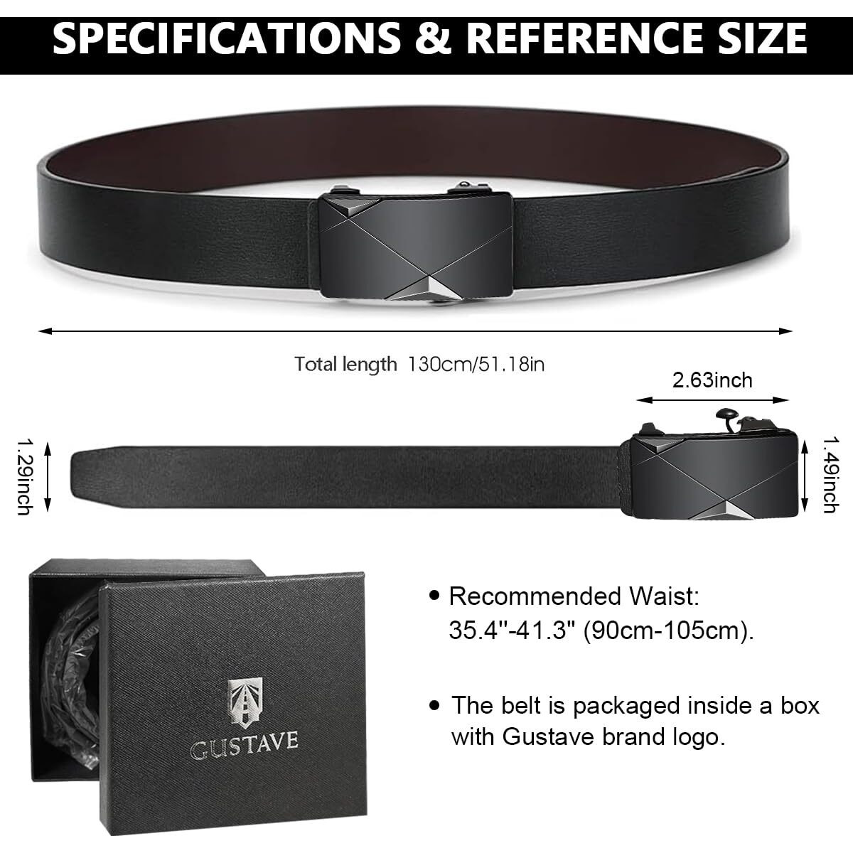 Gustave Men's Leather Belt Adjustable Auto Lock Buckle Belt For Men (Black-F)