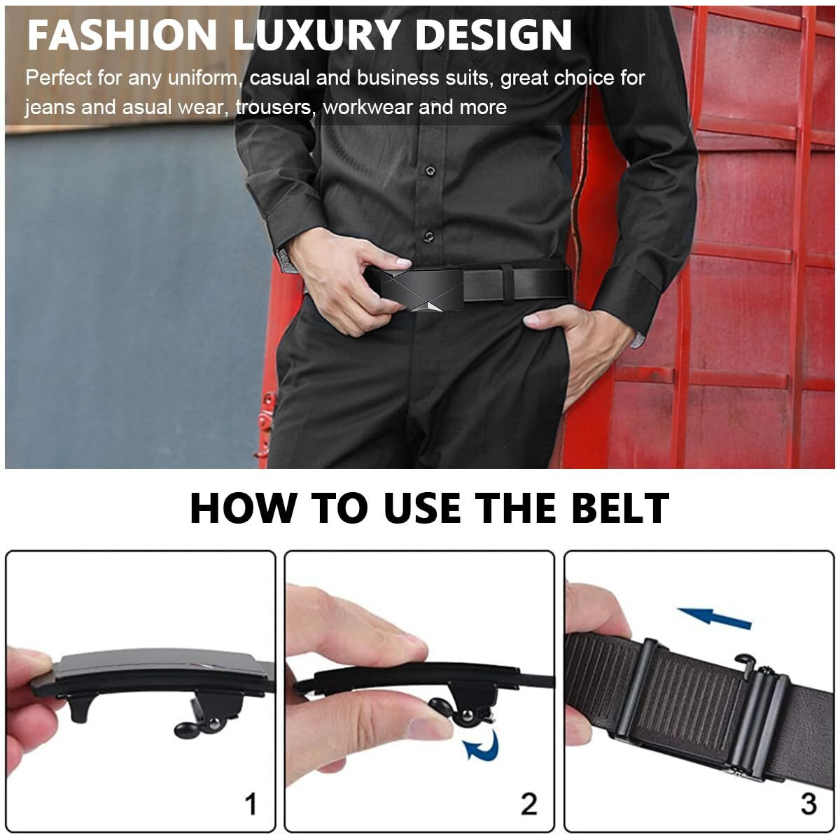 Gustave Men's Leather Belt Adjustable Auto Lock Buckle Belt For Men (Black-F)