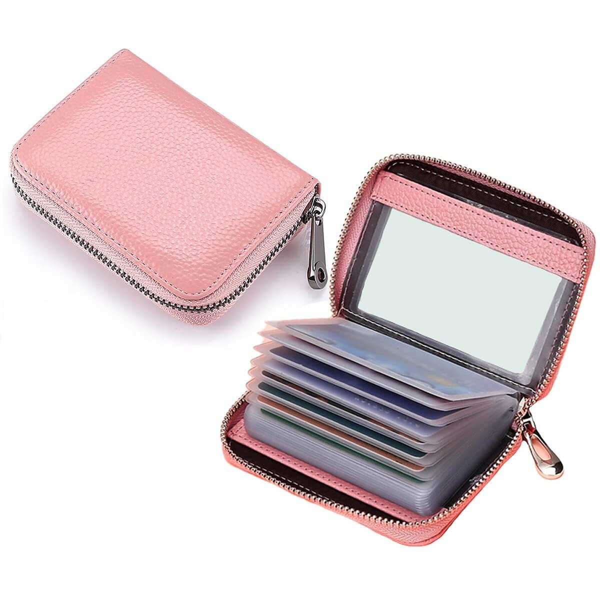 Wolpin 20 Slots Leather Credit Card Holder Wallet For Men & Women With Zip Closure Leatherette Business Card Holder Id/Visiting/Debit/Credit Card Holder Case Card (Pink)