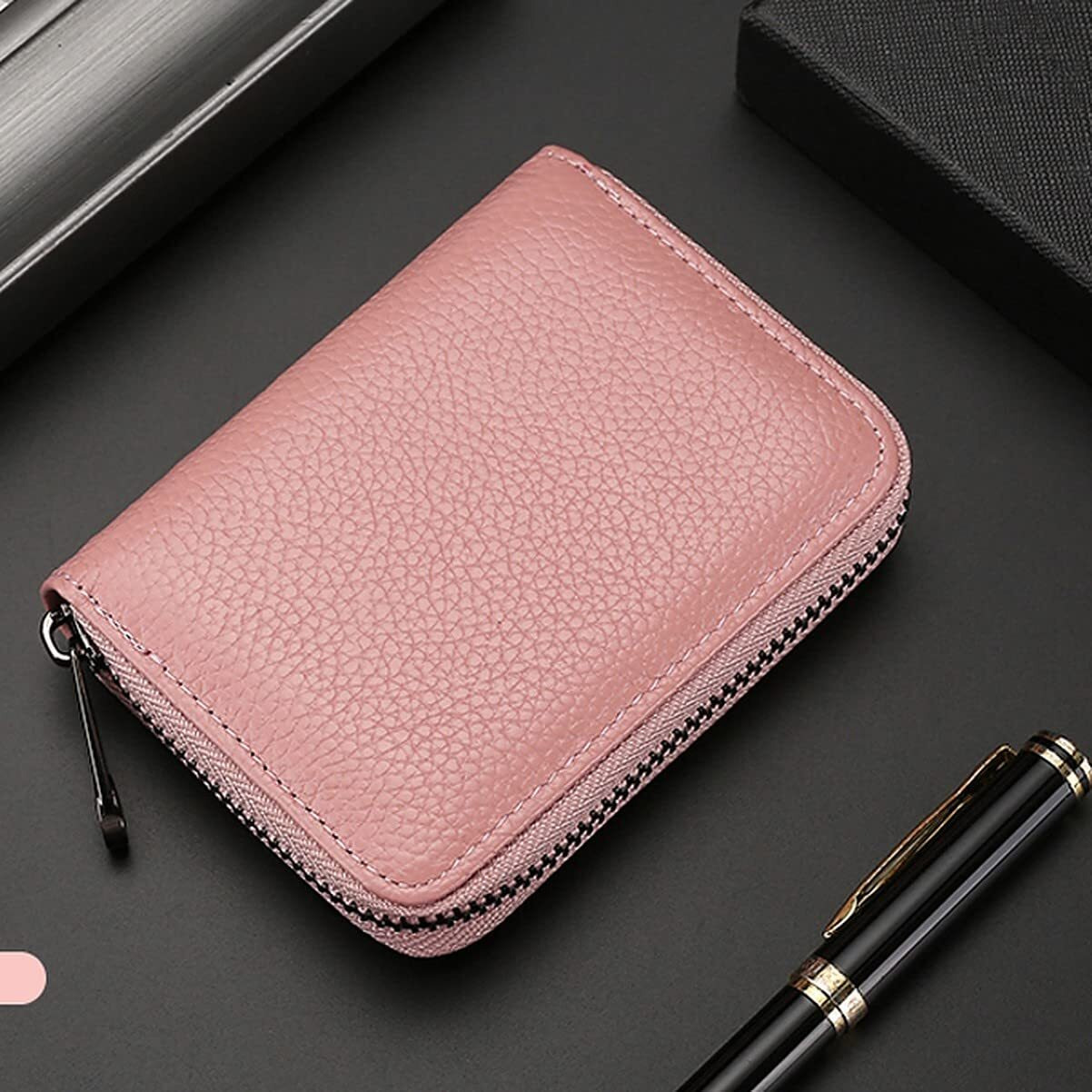 Wolpin 20 Slots Leather Credit Card Holder Wallet For Men & Women With Zip Closure Leatherette Business Card Holder Id/Visiting/Debit/Credit Card Holder Case Card (Pink)