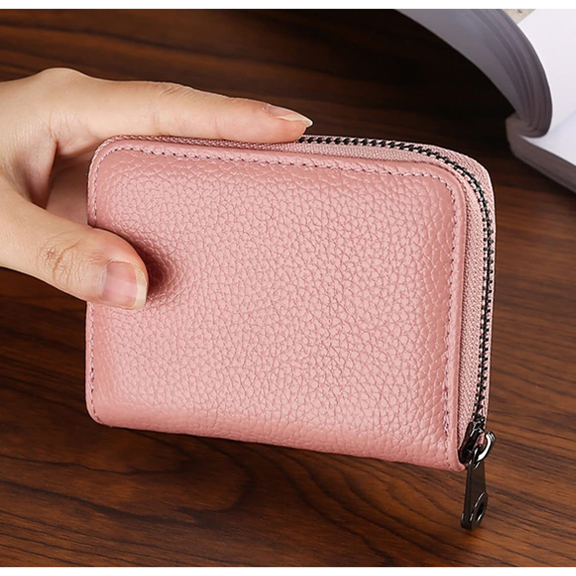 Wolpin 20 Slots Leather Credit Card Holder Wallet For Men & Women With Zip Closure Leatherette Business Card Holder Id/Visiting/Debit/Credit Card Holder Case Card (Pink)