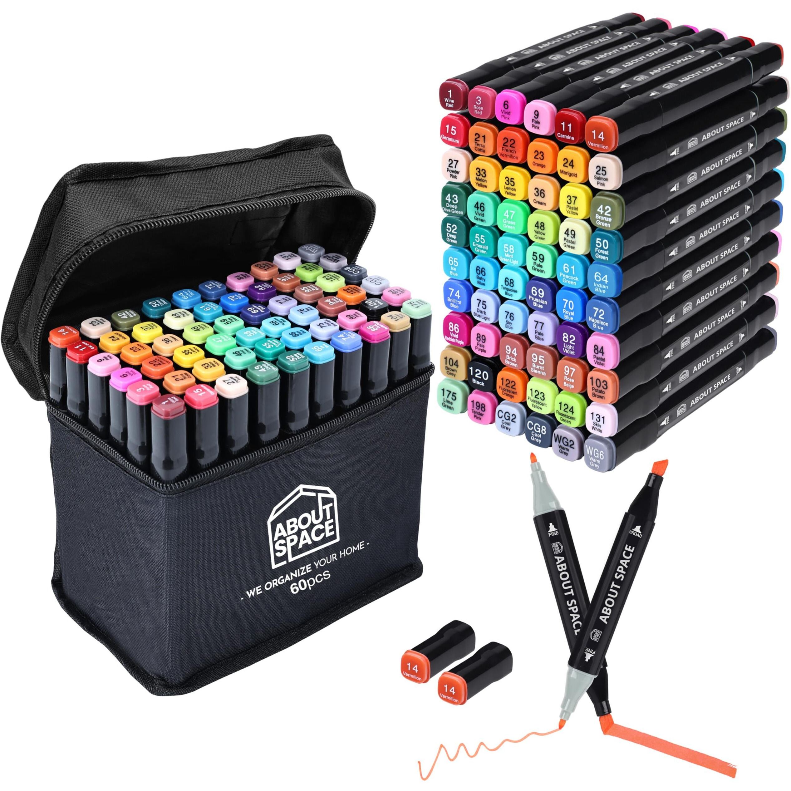 About Space Dual Tip Art Markers 60 Colours With Carrying Case For Painting Sketching Calligraphy Drawing Odorless&Non Toxic Twin Head Permanent Colouring Markers For Kids Adult Beginners|Assorted