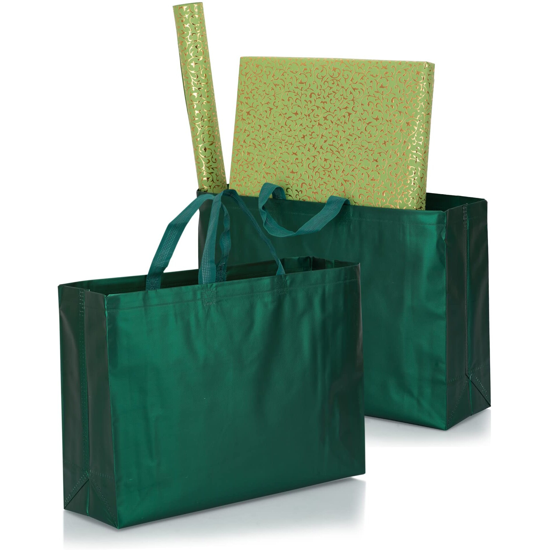 Drapme Large Size Pack Of 10 Pcs Matt Metallic Laminated Non-Woven Reusable Eco-Friendly Party Return Gift Bags (Bottle Green) (Large 17X12X5 Inch)