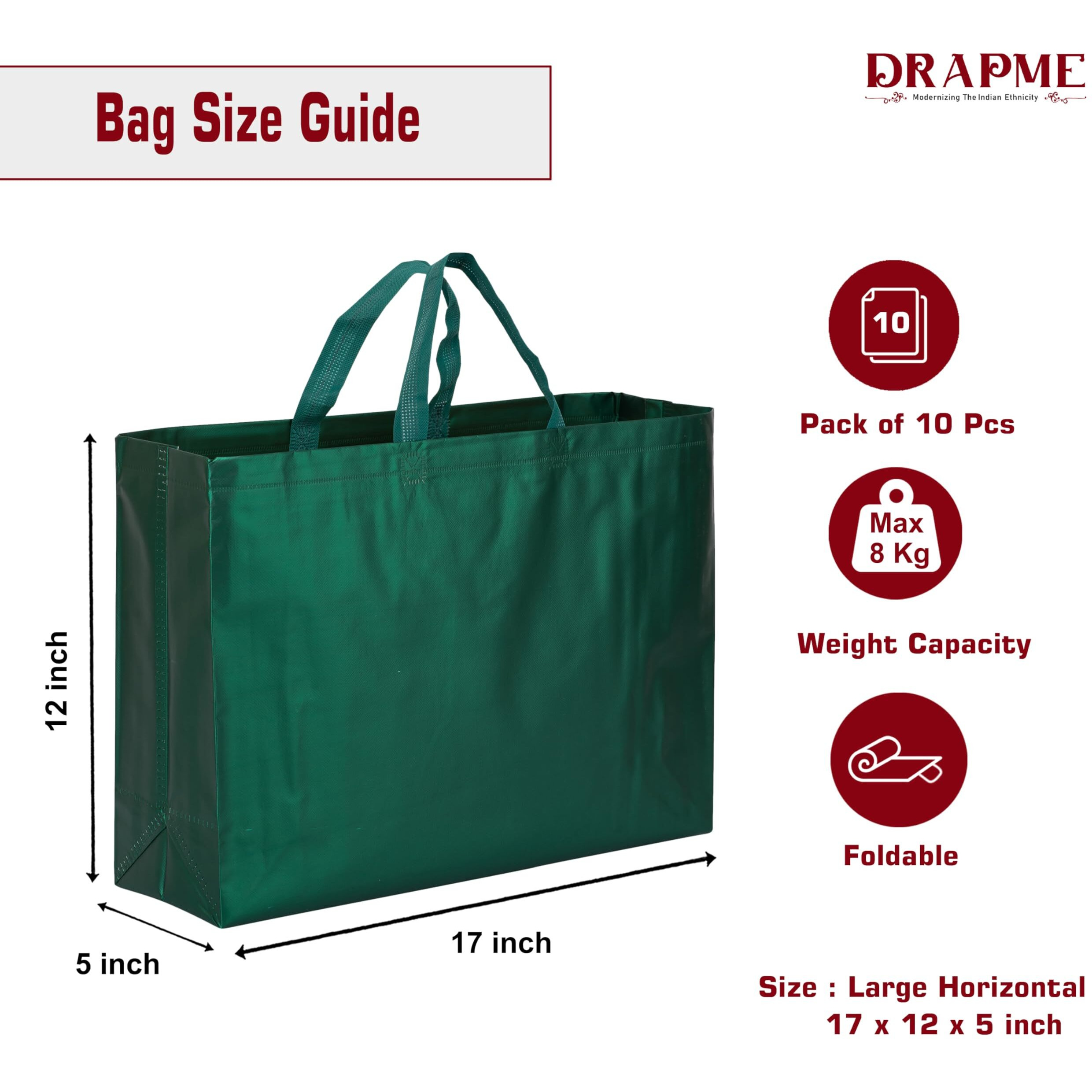 Drapme Large Size Pack Of 10 Pcs Matt Metallic Laminated Non-Woven Reusable Eco-Friendly Party Return Gift Bags (Bottle Green) (Large 17X12X5 Inch)