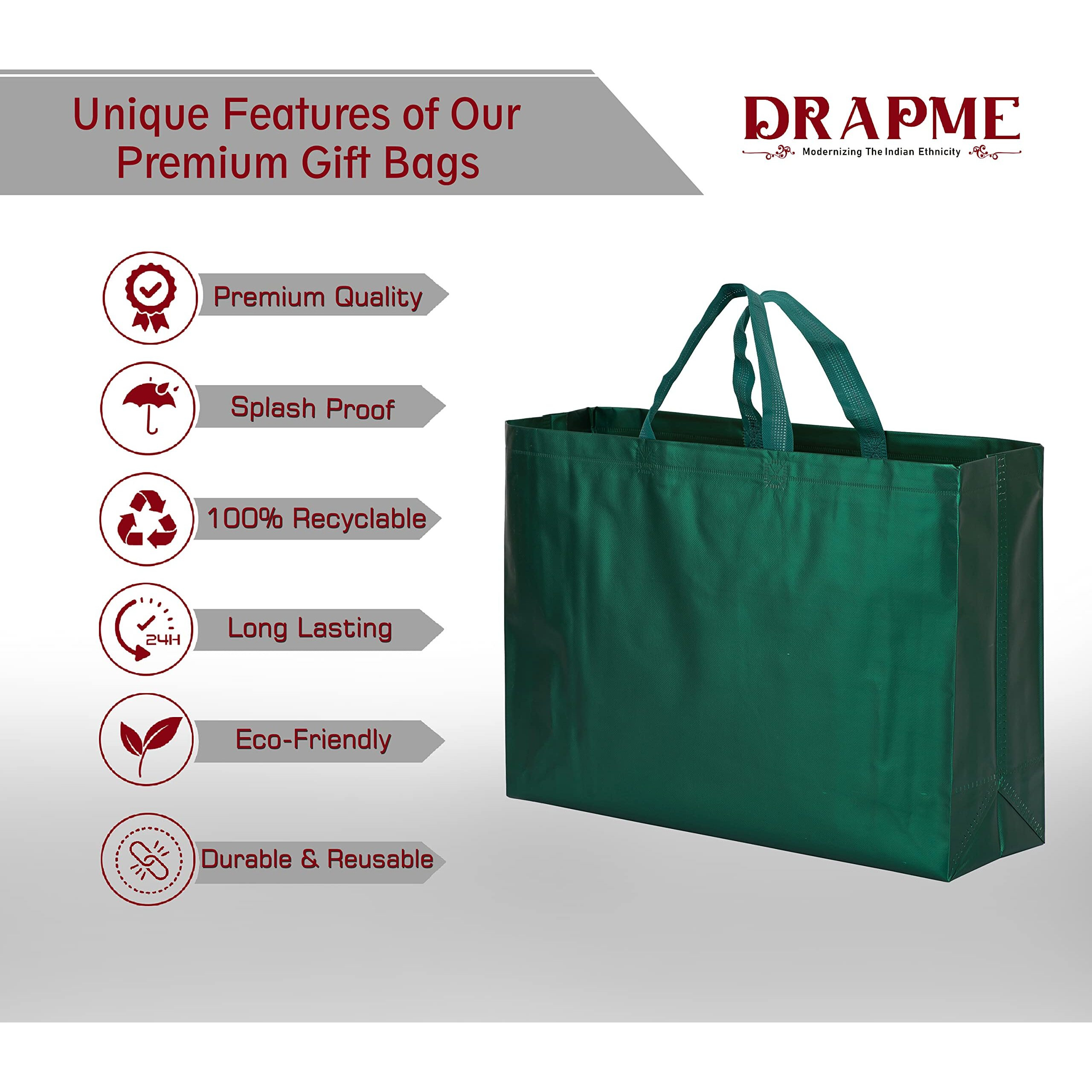 Drapme Large Size Pack Of 10 Pcs Matt Metallic Laminated Non-Woven Reusable Eco-Friendly Party Return Gift Bags (Bottle Green) (Large 17X12X5 Inch)