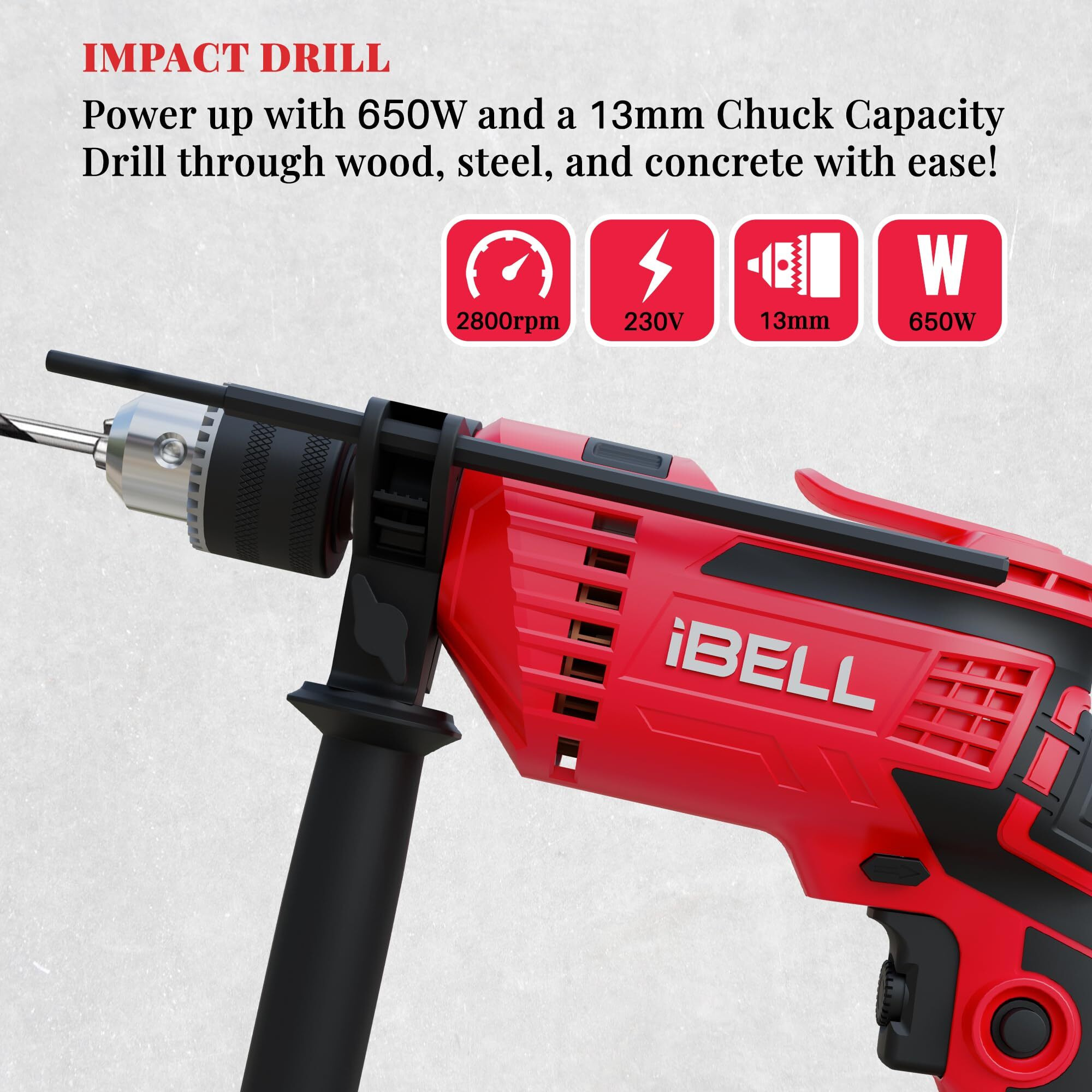 Ibell Impact Drill Id13-75, 650W, Copper Armature, Chuck 13Mm, 2800 Rpm, 2 Mode Selector, Forward/Reverse With Variable Speed