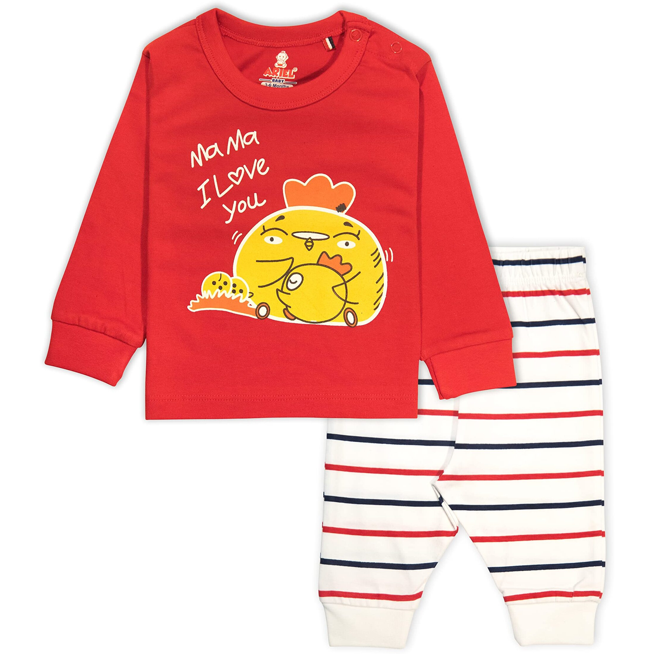 Ariel Cotton Clothing Sets For Boys & Girls - Unisex Clothing Sets Full Sleeve T-Shirt & Pant -Size(Newborn) -Style(Red-Mama)