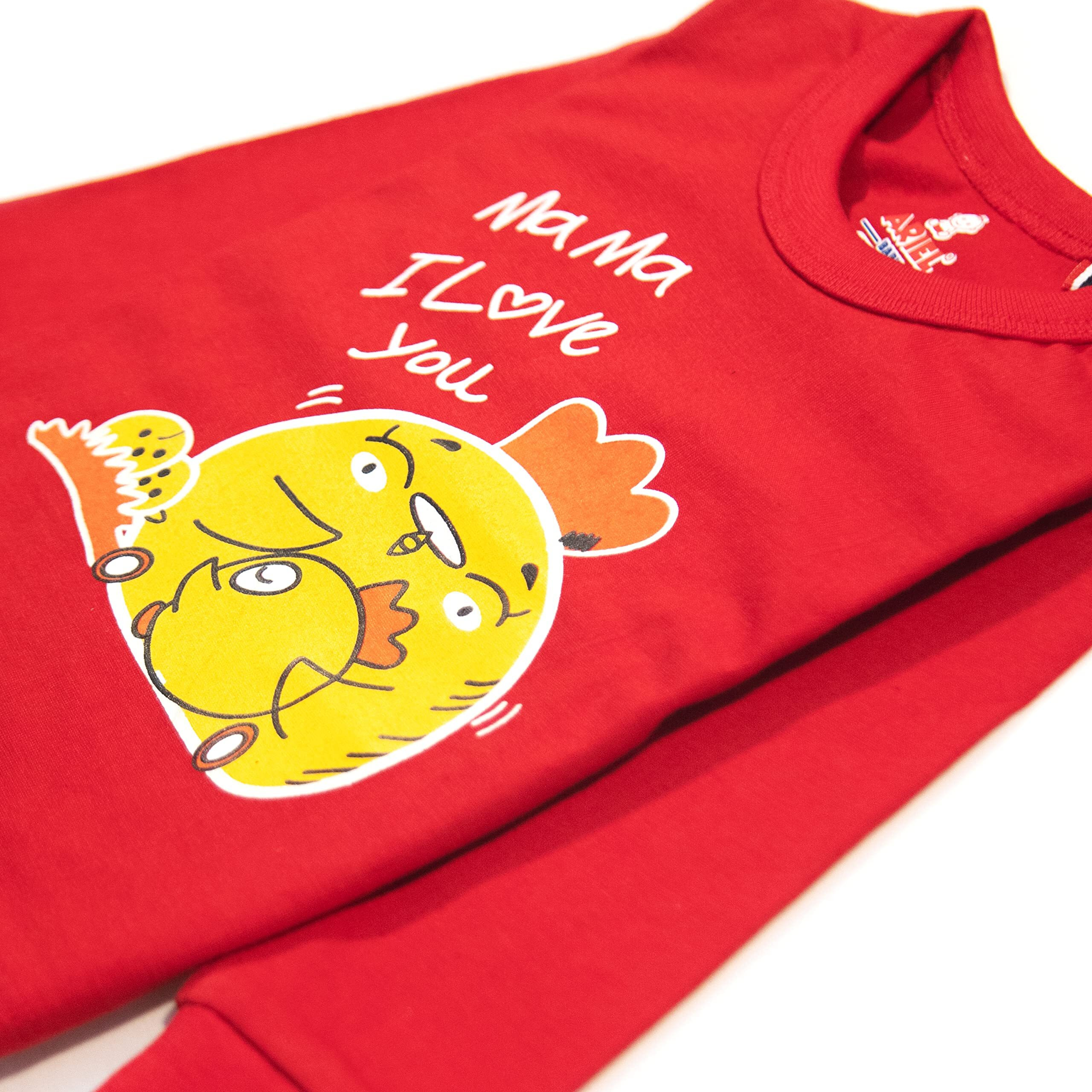 Ariel Cotton Clothing Sets For Boys & Girls - Unisex Clothing Sets Full Sleeve T-Shirt & Pant -Size(Newborn) -Style(Red-Mama)