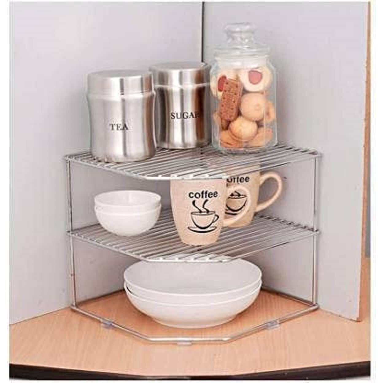 Zepdos Stainless Steel 2-Tier Kitchen Rack And Organizer Spice Rack And Container Organizer, Utensils Dishes Spices Jar Holder Rack And Cup And Glass Holder (3 Layer Corner Rack)