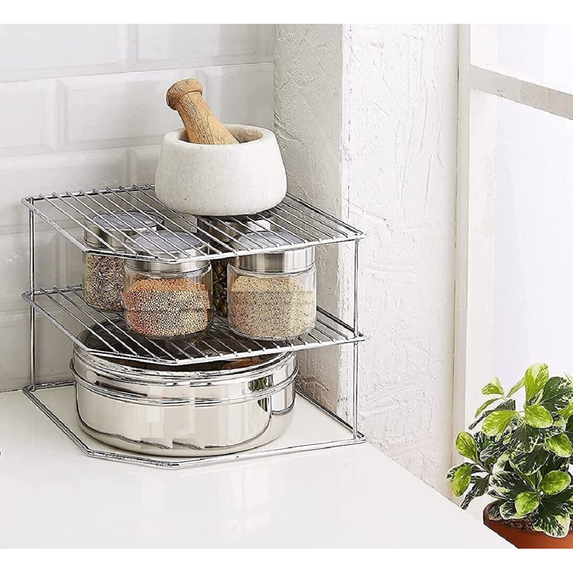 Zepdos Stainless Steel 2-Tier Kitchen Rack And Organizer Spice Rack And Container Organizer, Utensils Dishes Spices Jar Holder Rack And Cup And Glass Holder (3 Layer Corner Rack)