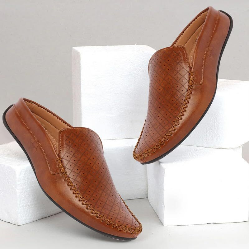 Fausto Fst Fosme-2027 Tan-41 Men's Tan Stitched Block Pattern Back Open Slip On Loafer Shoes (7 Uk)
