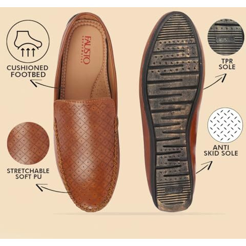 Fausto Fst Fosme-2027 Tan-41 Men's Tan Stitched Block Pattern Back Open Slip On Loafer Shoes (7 Uk)