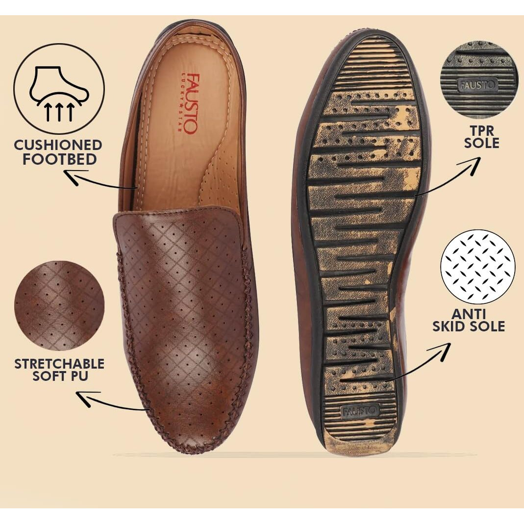 Fausto Fst Fosme-2027 Brown-44 Men's Brown Stitched Block Pattern Back Open Slip On Loafer Shoes (10 Uk)