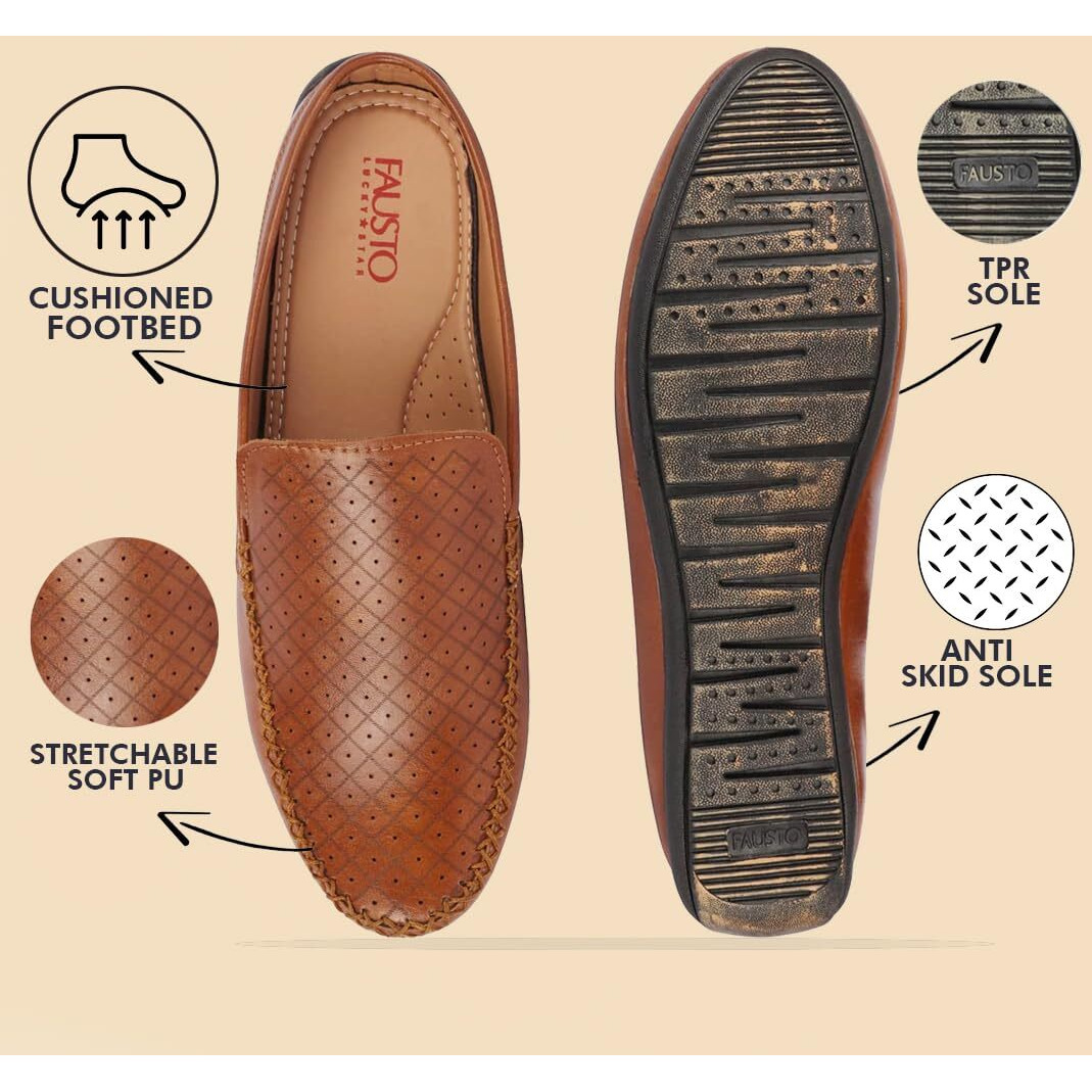 Fausto Fst Fosme-2027 Tan-42 Men's Tan Stitched Block Pattern Back Open Slip On Loafer Shoes (8 Uk)