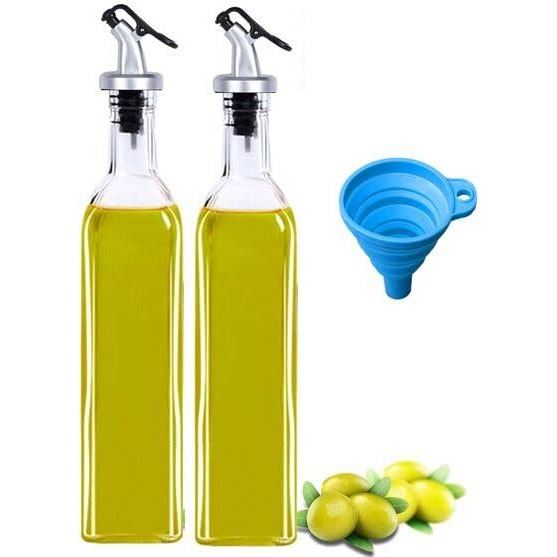 Xariya Oil And Vinegar Dispenser Bottle For Kitchen, Glass Oil Bottle, Kitchen Oil Container, Oil Pourer With Funnel (Pack Of 2Pc Oil Bottle + 1 Pc Funnel) Transparent | Glass, 500 Milliliter