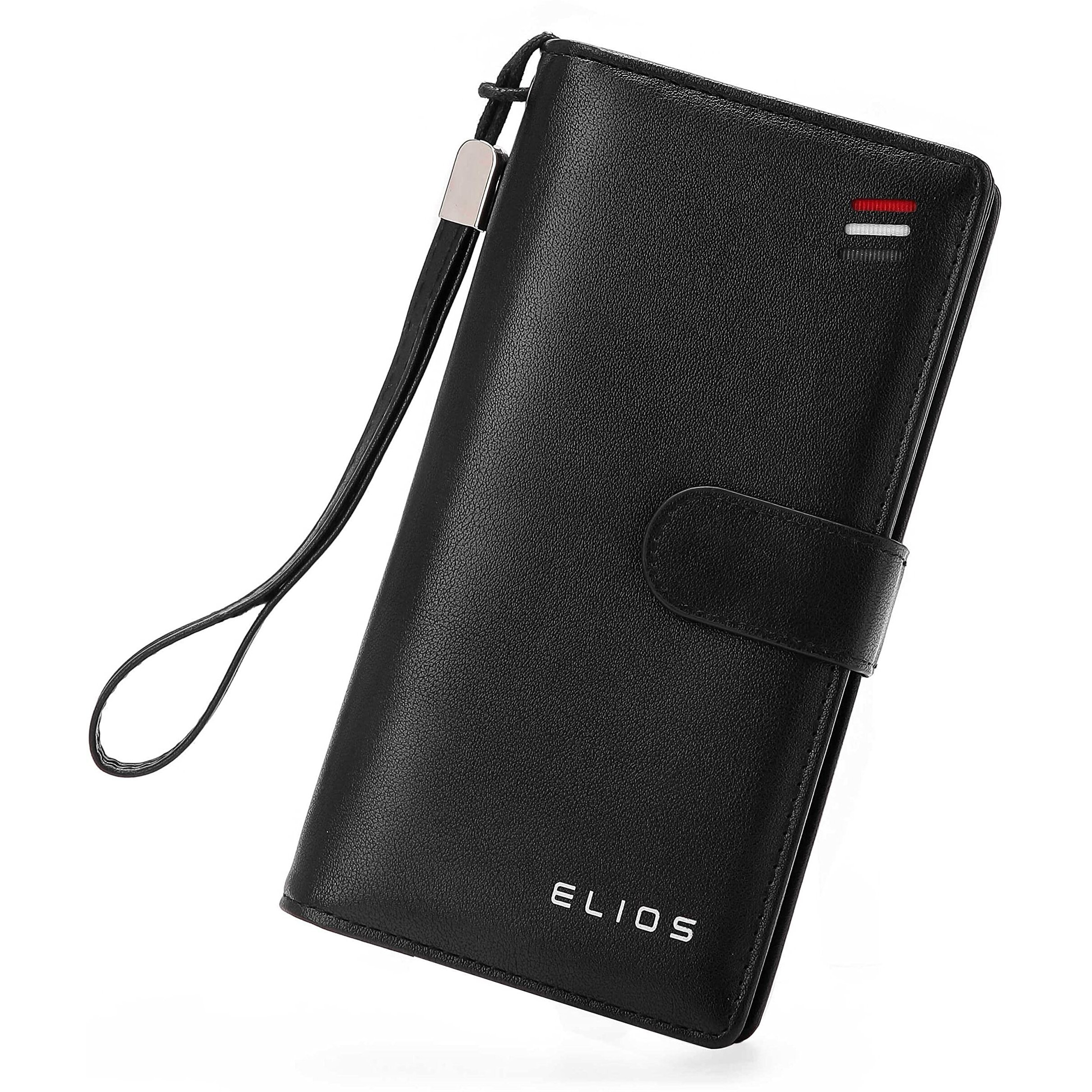 Elios Women's Large Capacity Pu Leather Snap Closure Clutch Wallet Card Phone Holder Organizer Ladies Purse With Wrist Strap, Black