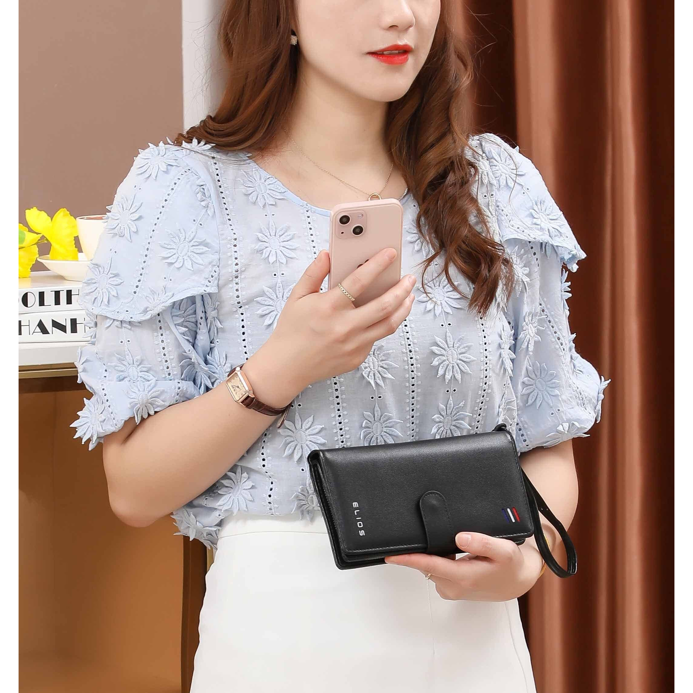 Elios Women's Large Capacity Pu Leather Snap Closure Clutch Wallet Card Phone Holder Organizer Ladies Purse With Wrist Strap, Black