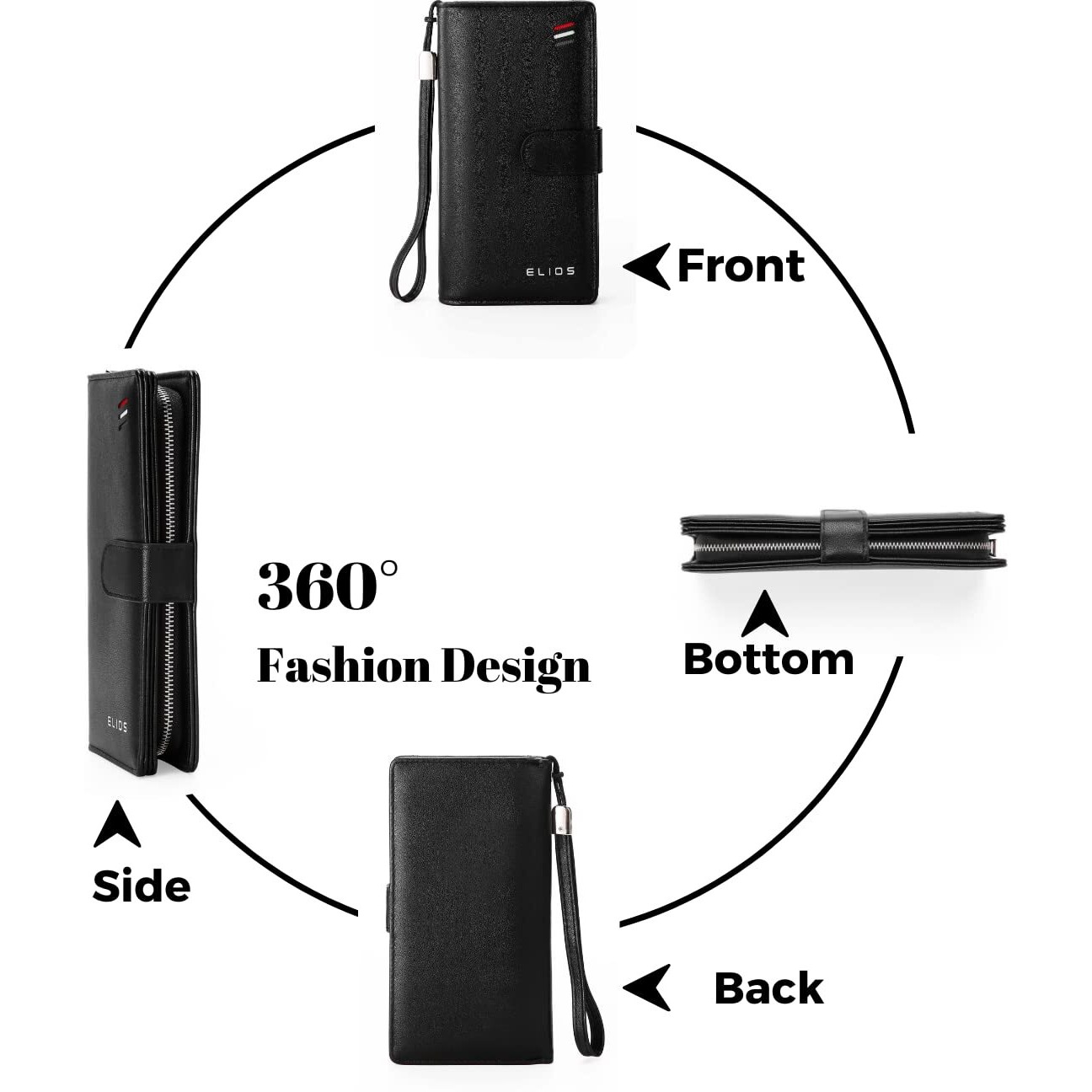 Elios Women's Large Capacity Pu Leather Snap Closure Clutch Wallet Card Phone Holder Organizer Ladies Purse With Wrist Strap, Black