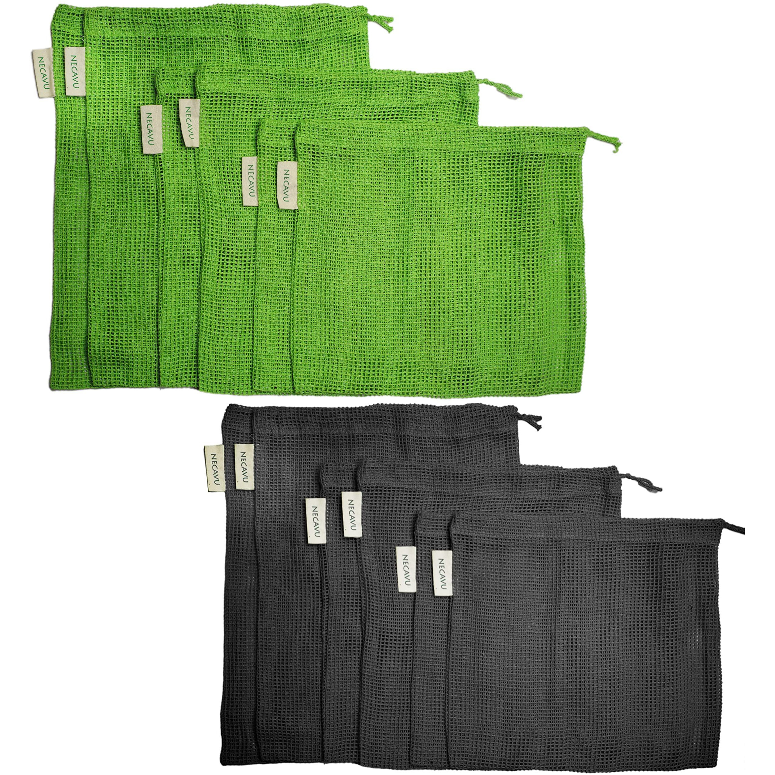 Necavu Set Of 12 Fridge Storage Bag | Eco-Friendly Natural Cotton Vegetable Bag For Fridge & Mesh Net Fridge Accessories | Multi-Purpose Eco-Friendly Cotton Bags (Neem Green(6) + Berry Black(6))