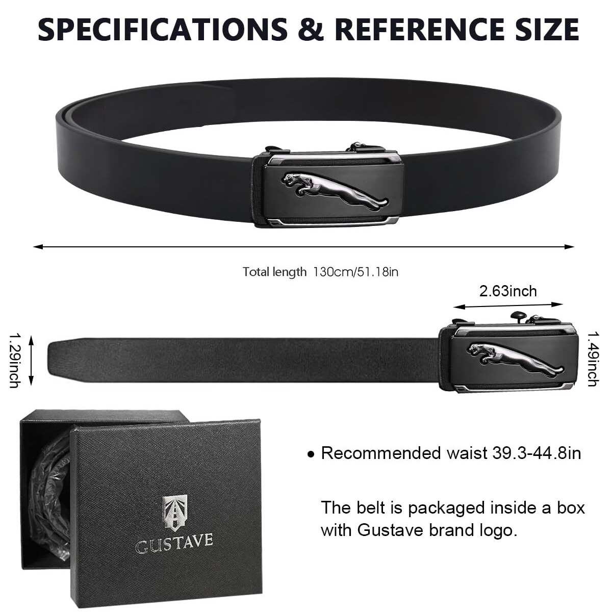 Gustave Waist Belts For Men Slide Ratchet Mens Belt Black Leather Belt For Men Casual Or Formal Dress, With Click Buckle (130Cm Length, Free Adjustable, No Belt Hole)