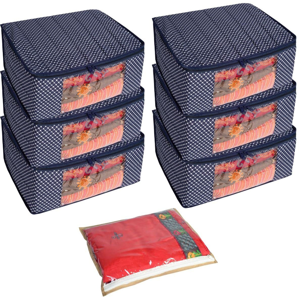 Homestrap Set Of 6 Cotton Quilted 3 Layered Saree Covers (Navy Blue) & 1 Single Saree Wardrobe Organizer (Beige) For Lehenga, Suit, Dress,& Accessories