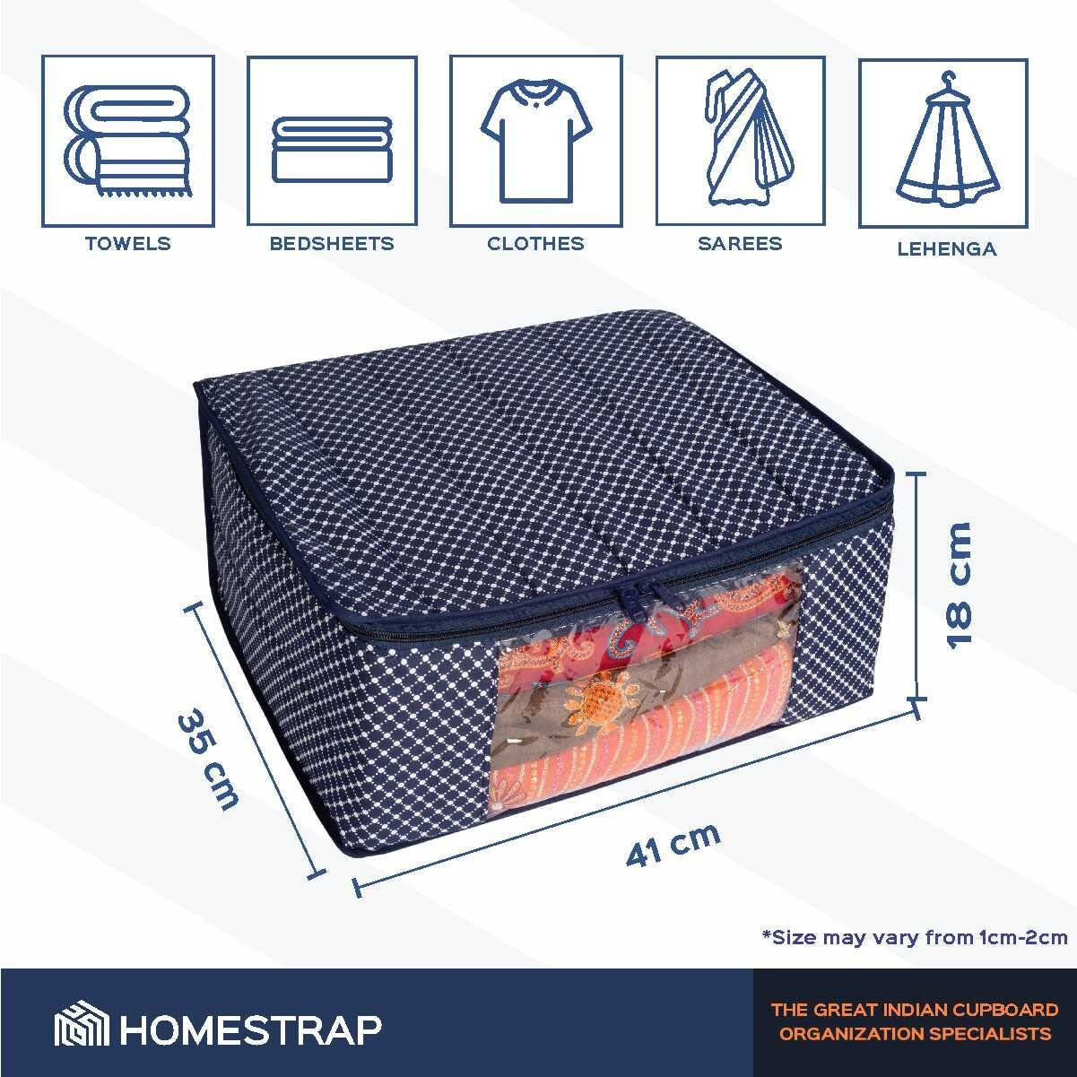 Homestrap Set Of 6 Cotton Quilted 3 Layered Saree Covers (Navy Blue) & 1 Single Saree Wardrobe Organizer (Beige) For Lehenga, Suit, Dress,& Accessories