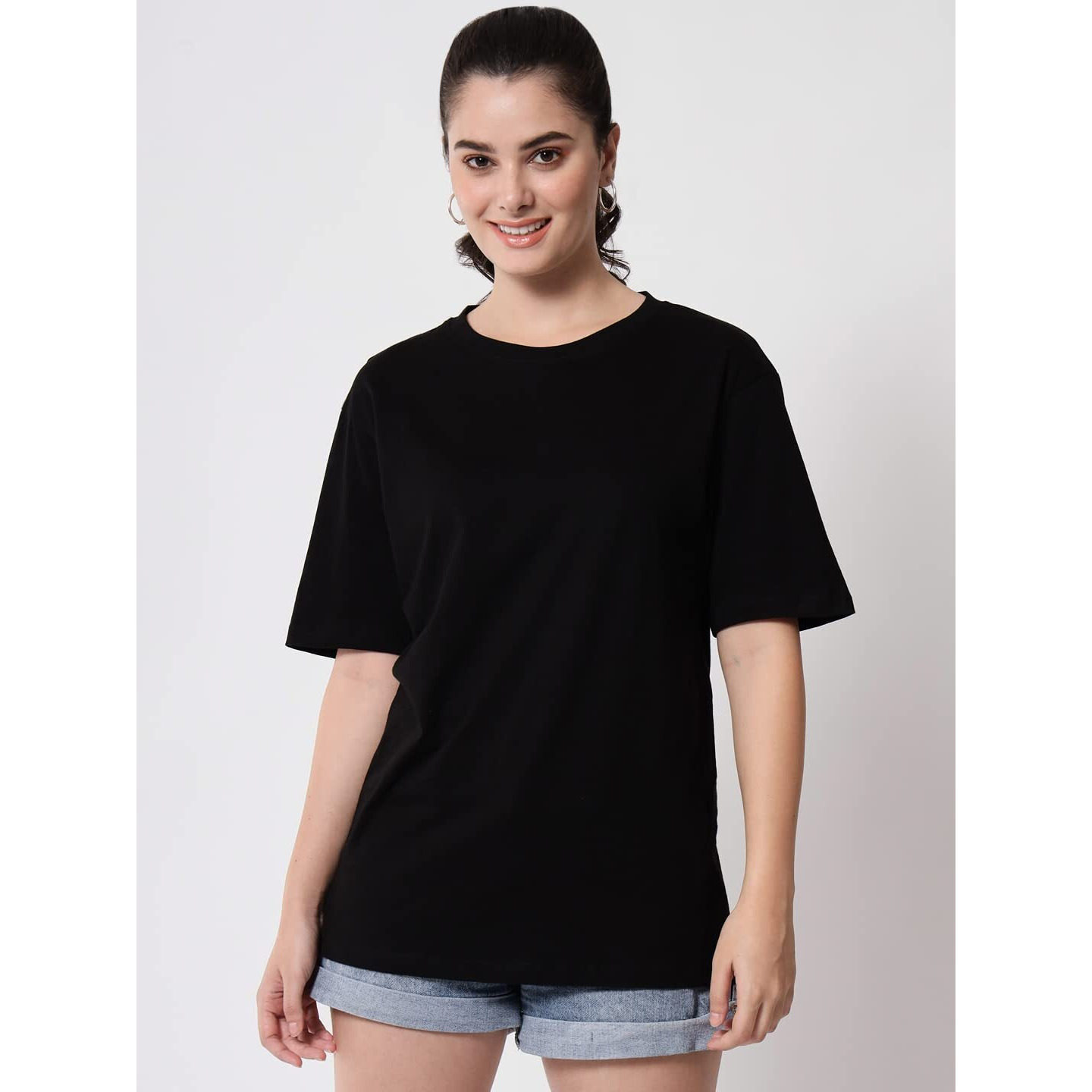 Funday Fashion Cotton Half Sleeve Printed Oversized T-Shirt For Womens/Girls (Pack Of 2) (Medium, Black, Light Green)