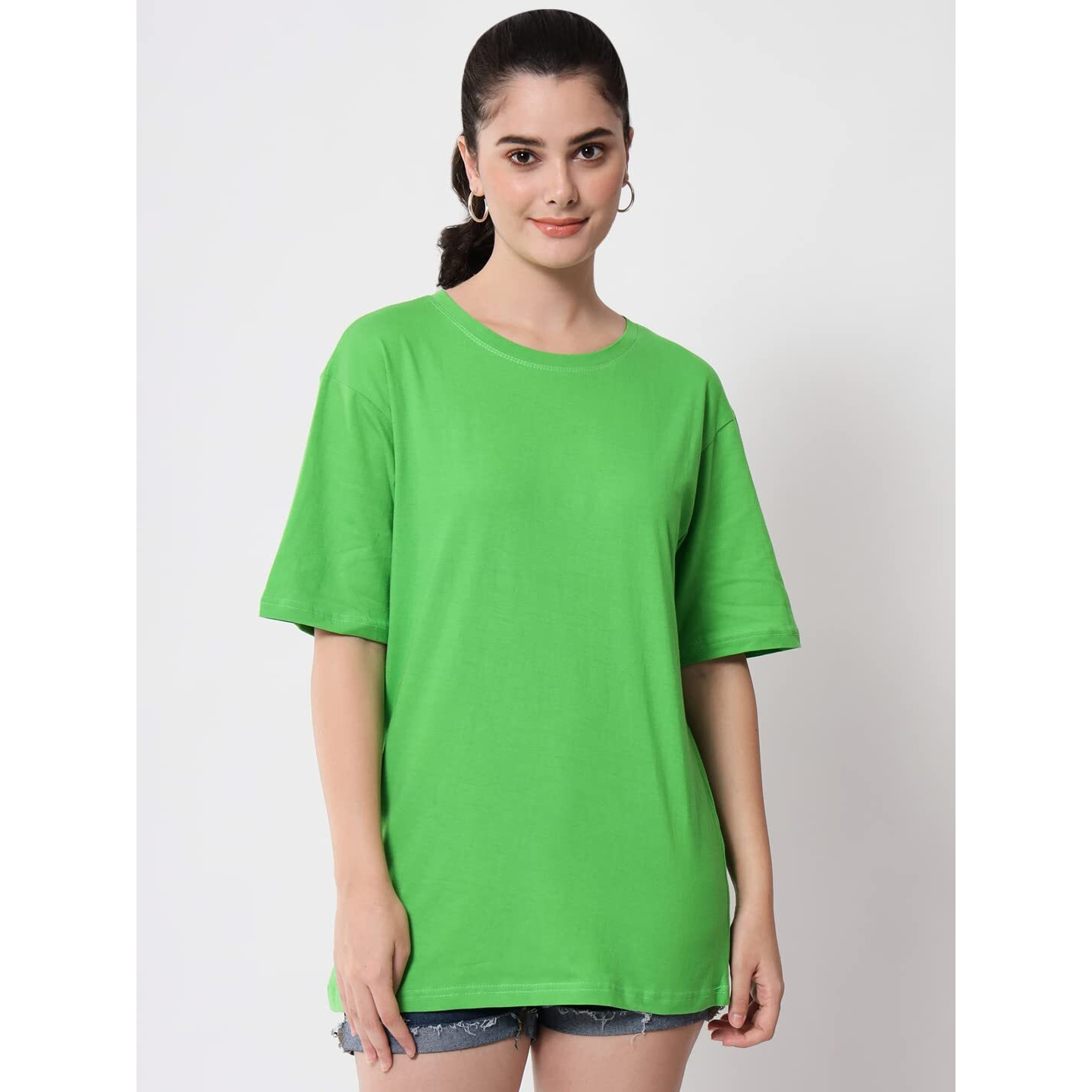 Funday Fashion Cotton Half Sleeve Printed Oversized T-Shirt For Womens/Girls (Pack Of 2) (Medium, Black, Light Green)