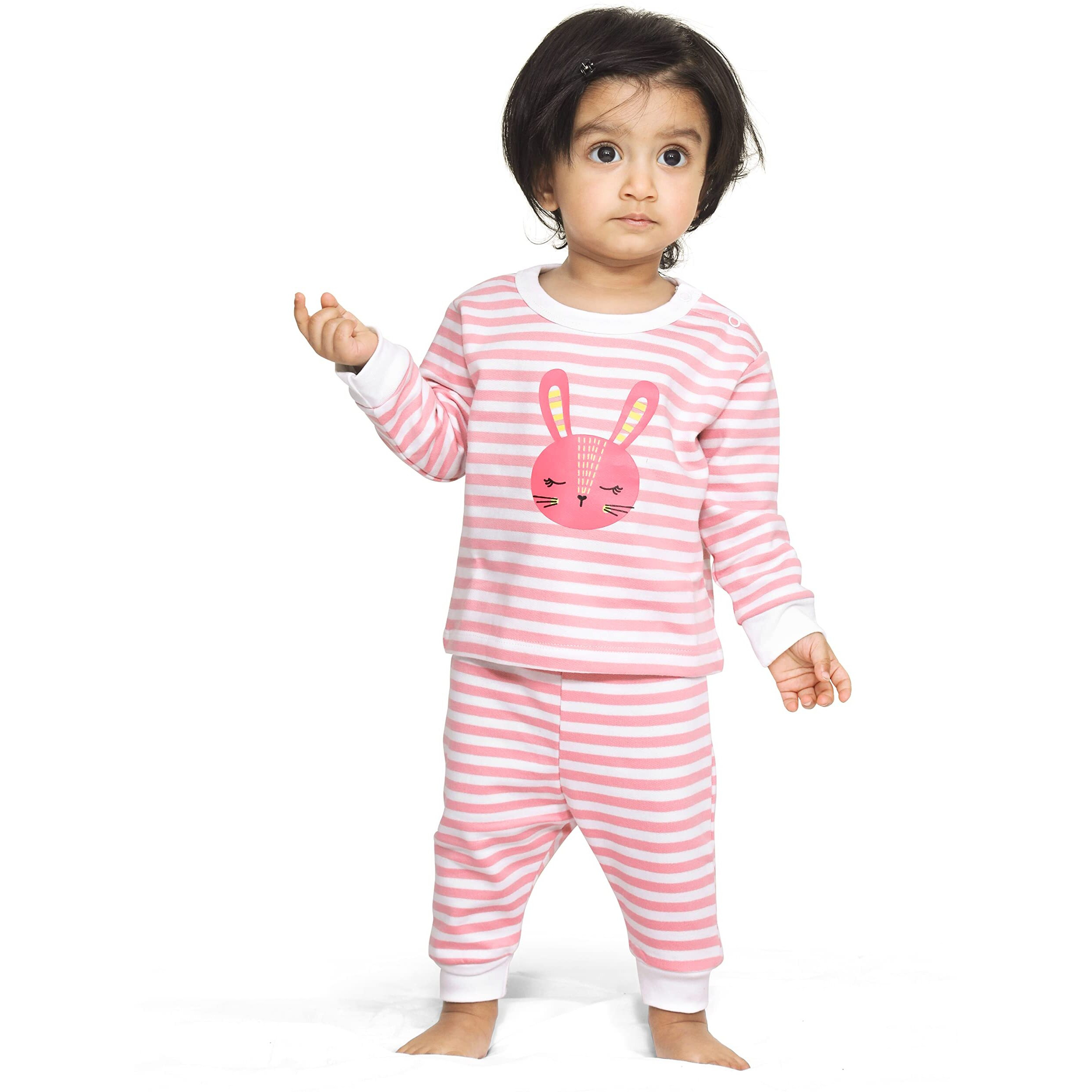 Ariel Cotton Fleece Clothing Sets For Boys & Girls - Unisex Winter Pink Bunny Clothing Sets Full Sleeve T-Shirt & Pant, Size- 3-6 Months