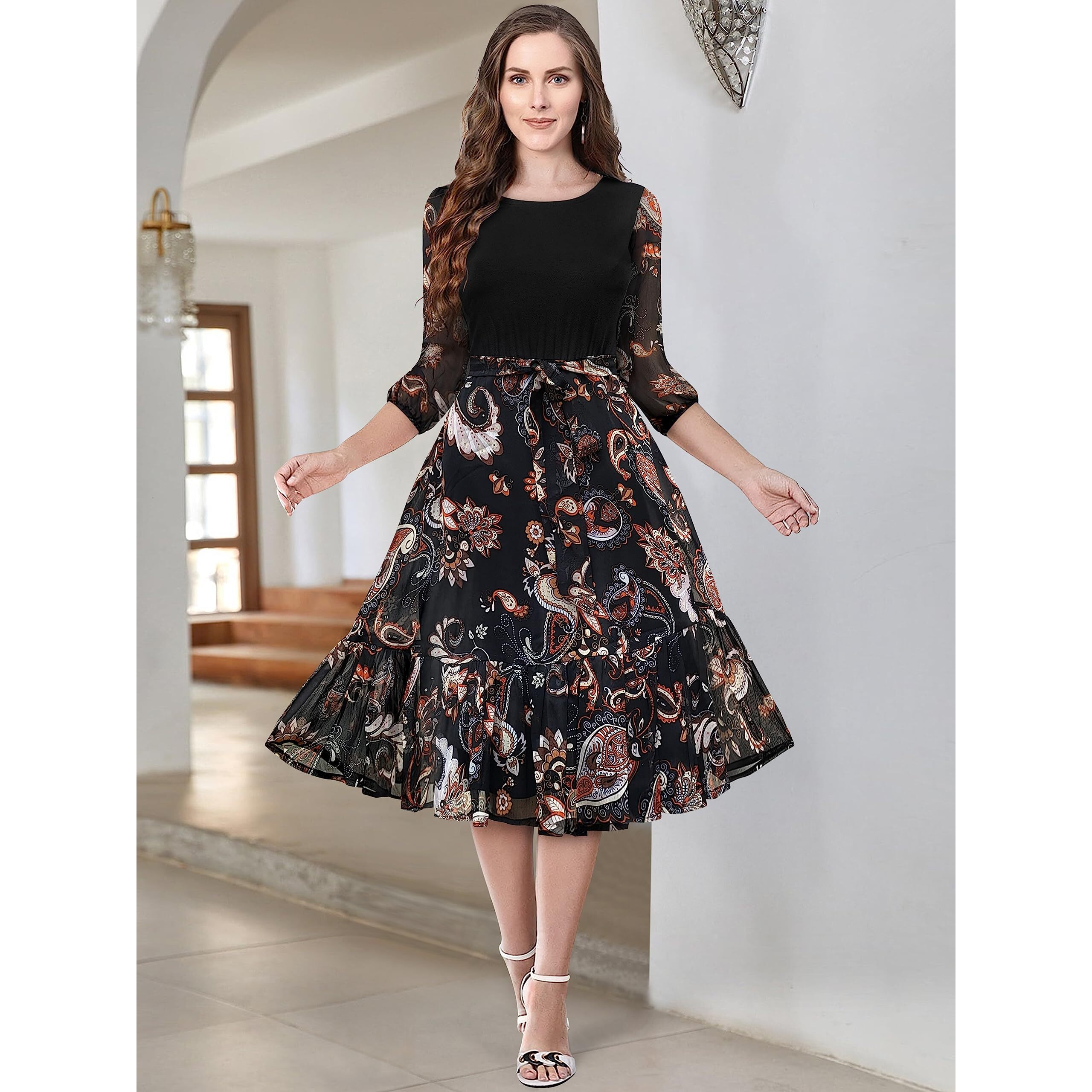 Keri Perry Women's Black Georgette/Lycra Paisley Print Fit & Flared Western Dress | Dress For Women | A Line Dress | Winter Dress | Western Dress | Latest Women Dress | Trendy Dress | Midi Dress