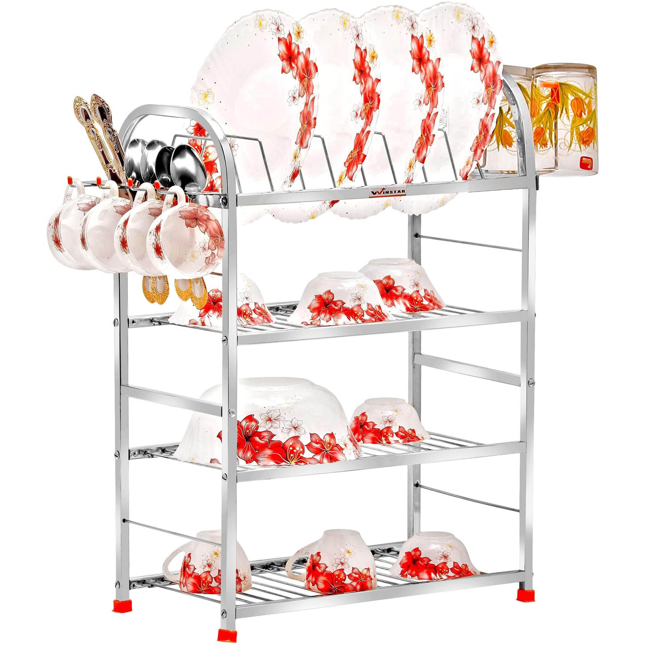 Winstar Stainless Steel 4 Shelf Wall Mount Kitchen Utensils Rack | Dish Rack With Plate & Cutlery Stand & Glass Holder | Modular Kitchen Storage Rack | (24 H X 18 L W/D Glass Holder, Tiered Shelf)