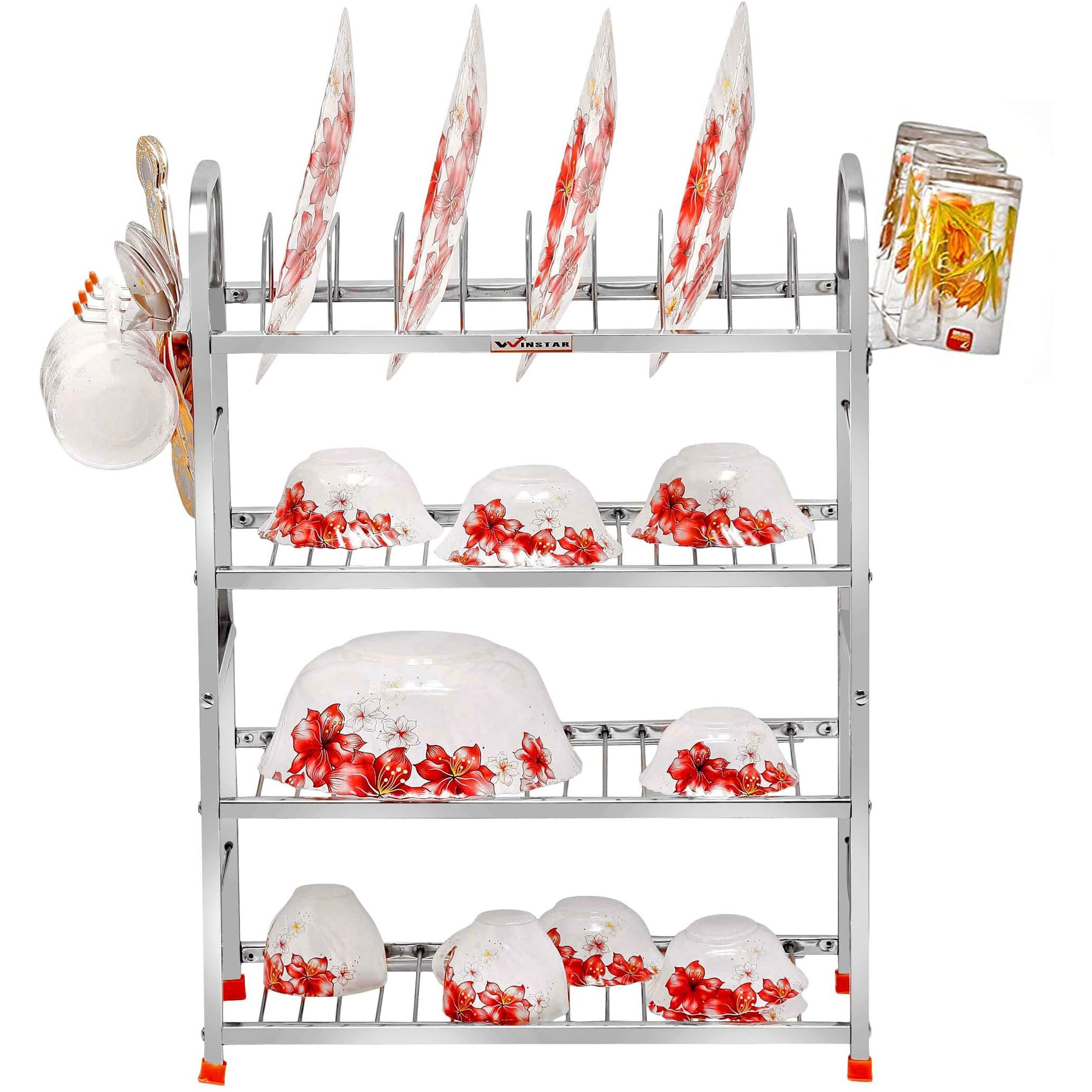 Winstar Stainless Steel 4 Shelf Wall Mount Kitchen Utensils Rack | Dish Rack With Plate & Cutlery Stand & Glass Holder | Modular Kitchen Storage Rack | (24 H X 18 L W/D Glass Holder, Tiered Shelf)
