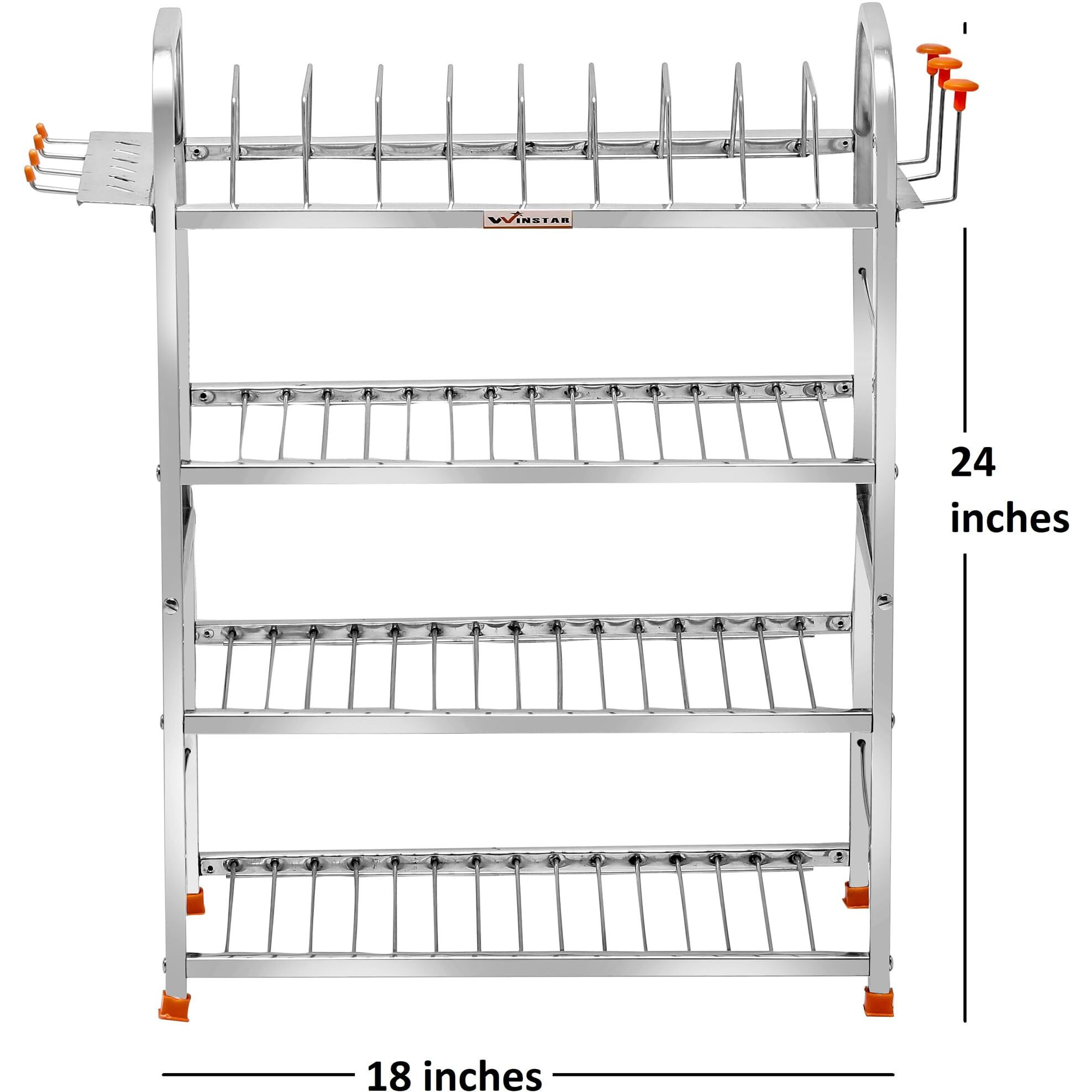 Winstar Stainless Steel 4 Shelf Wall Mount Kitchen Utensils Rack | Dish Rack With Plate & Cutlery Stand & Glass Holder | Modular Kitchen Storage Rack | (24 H X 18 L W/D Glass Holder, Tiered Shelf)