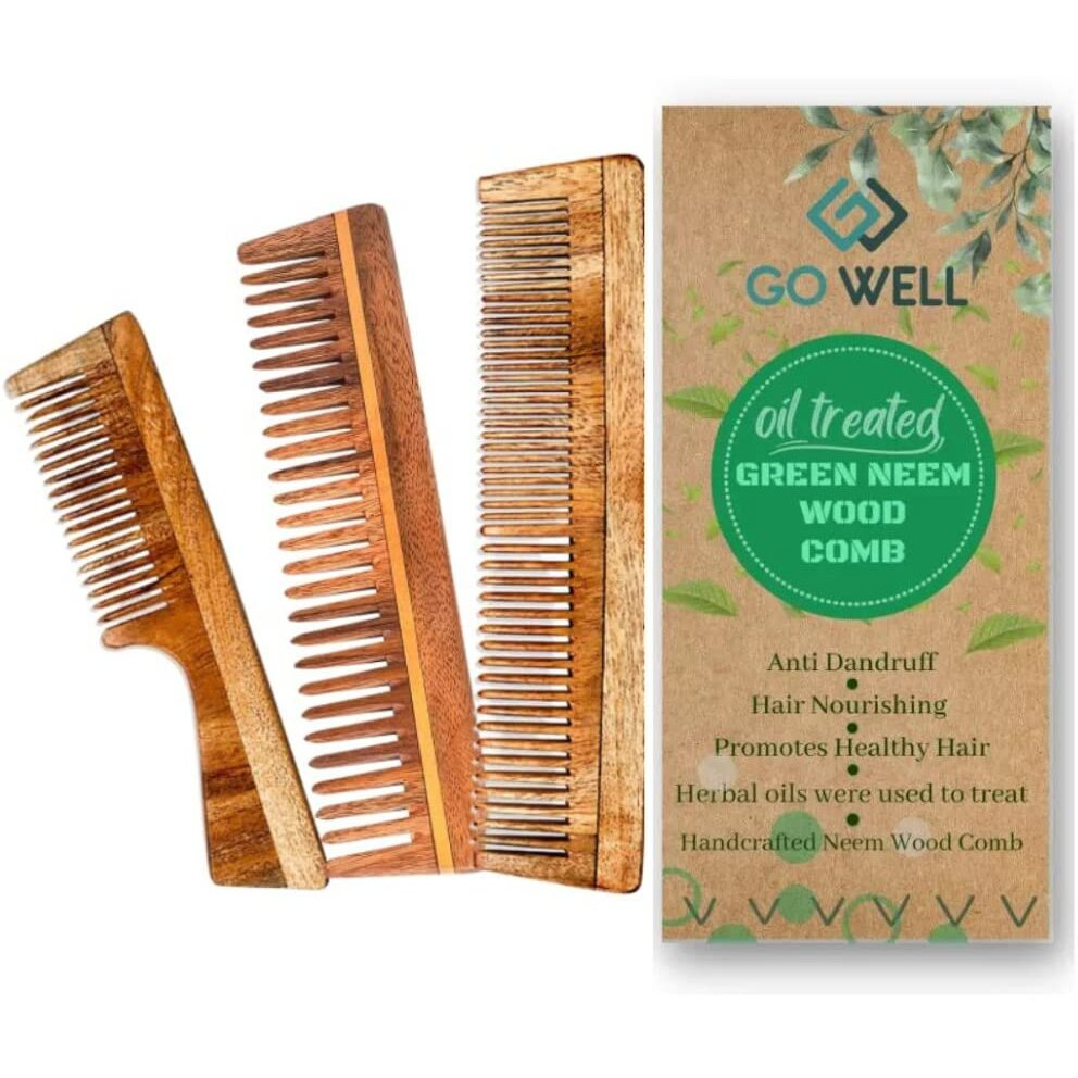 Go Well Kacchi Neem Comb, Wooden Comb | Hair Growth, Hairfall, Dandruff Control | Hair Straightening, Frizz Control | Comb For Men, Women | Treated With Oil (All Combo)
