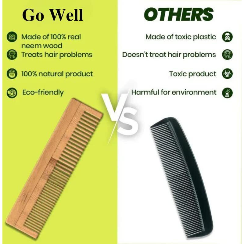 Go Well Kacchi Neem Comb, Wooden Comb | Hair Growth, Hairfall, Dandruff Control | Hair Straightening, Frizz Control | Comb For Men, Women | Treated With Oil (All Combo)