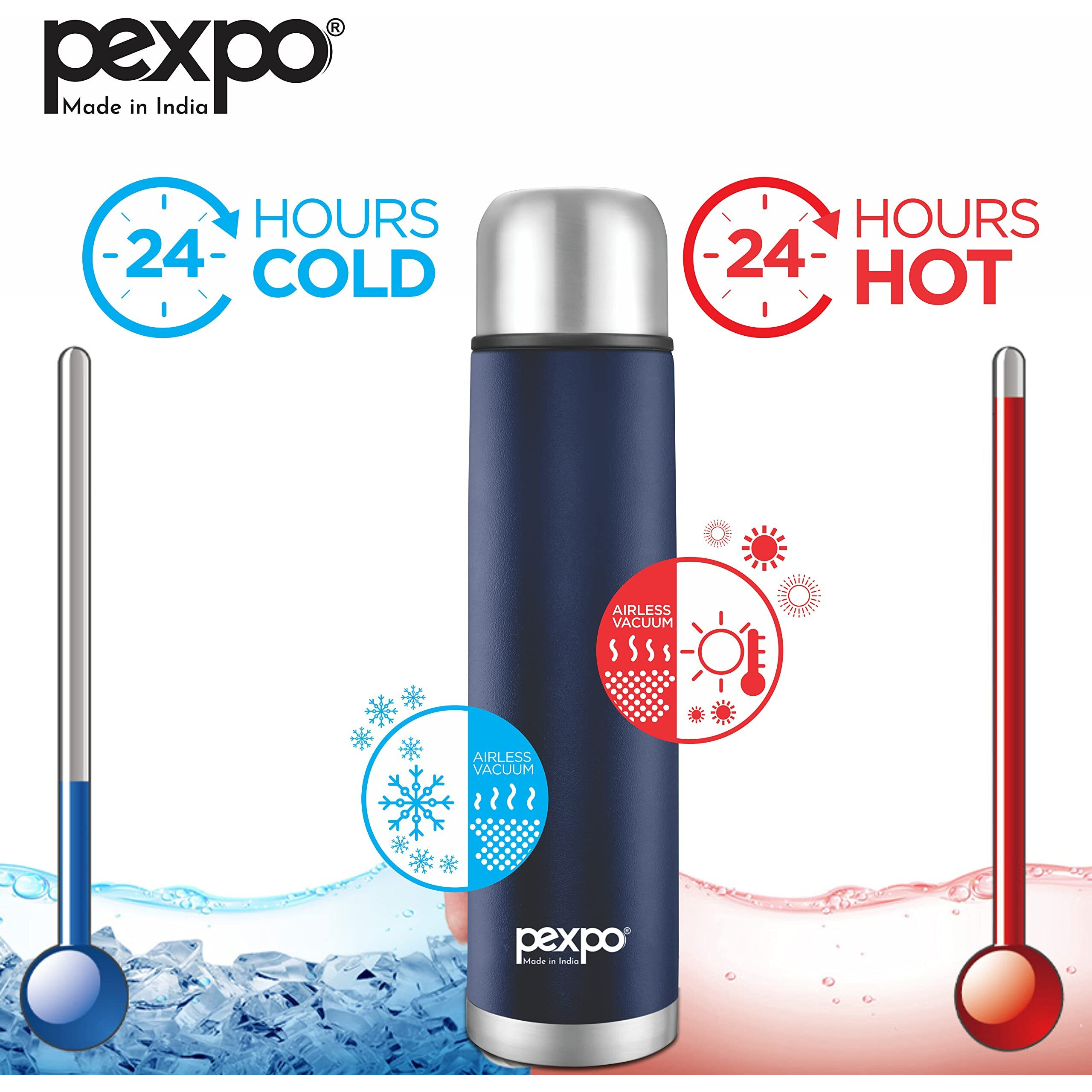Pexpo Flamingo|Isi Certified|Vacuum Insulated Hot & Cold Stainless Steel Flask |Jute Bag|- 500Ml Denim Blue |Steel Bottle|Thermoflask|Leak Proof|Travelling|School & Trekking|Office|Men, Women & Kids