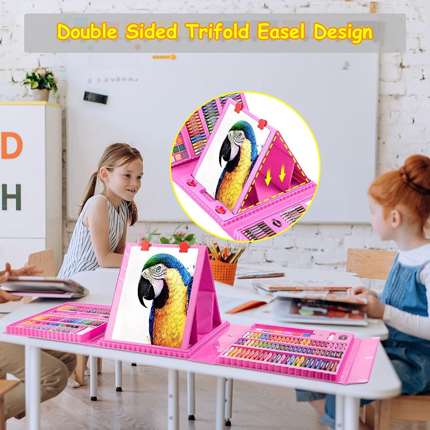 Shuban Plastic Deluxe Art Set Box & Drawing Kit With Crayons, Oil Pastels, Colored Pencil Deluxe Gift Art (208Pcs - Pink)