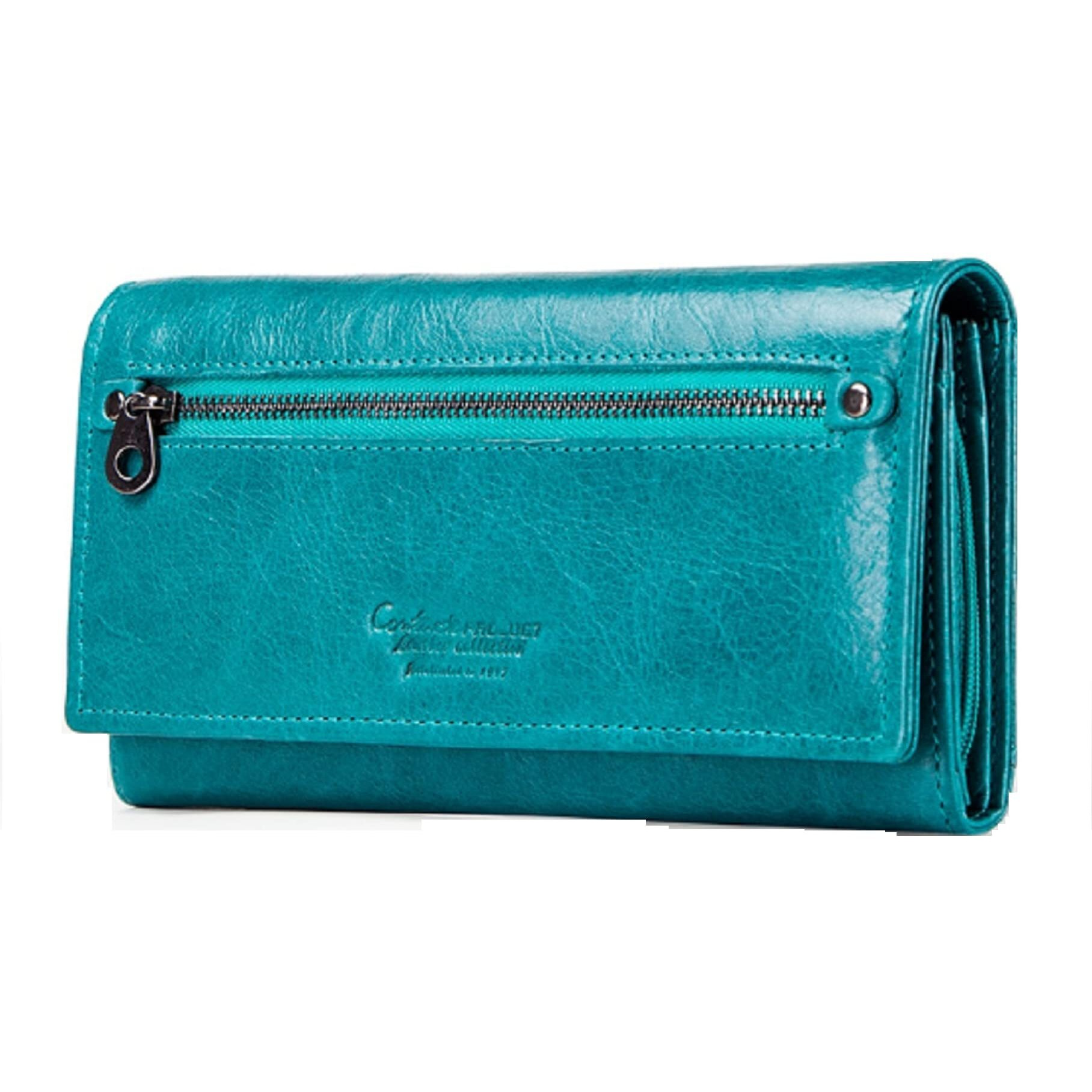 Contacts Bifold Wallets For Women With Rfid Protection | Genuine Leather Ladies Clutch/Wallet | Slim Zipper Purse/Card Holder Organizer For Women (W09-Teal Blue)