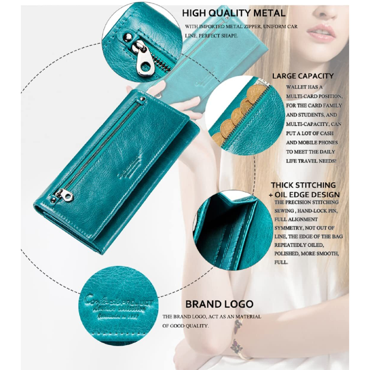 Contacts Bifold Wallets For Women With Rfid Protection | Genuine Leather Ladies Clutch/Wallet | Slim Zipper Purse/Card Holder Organizer For Women (W09-Teal Blue)