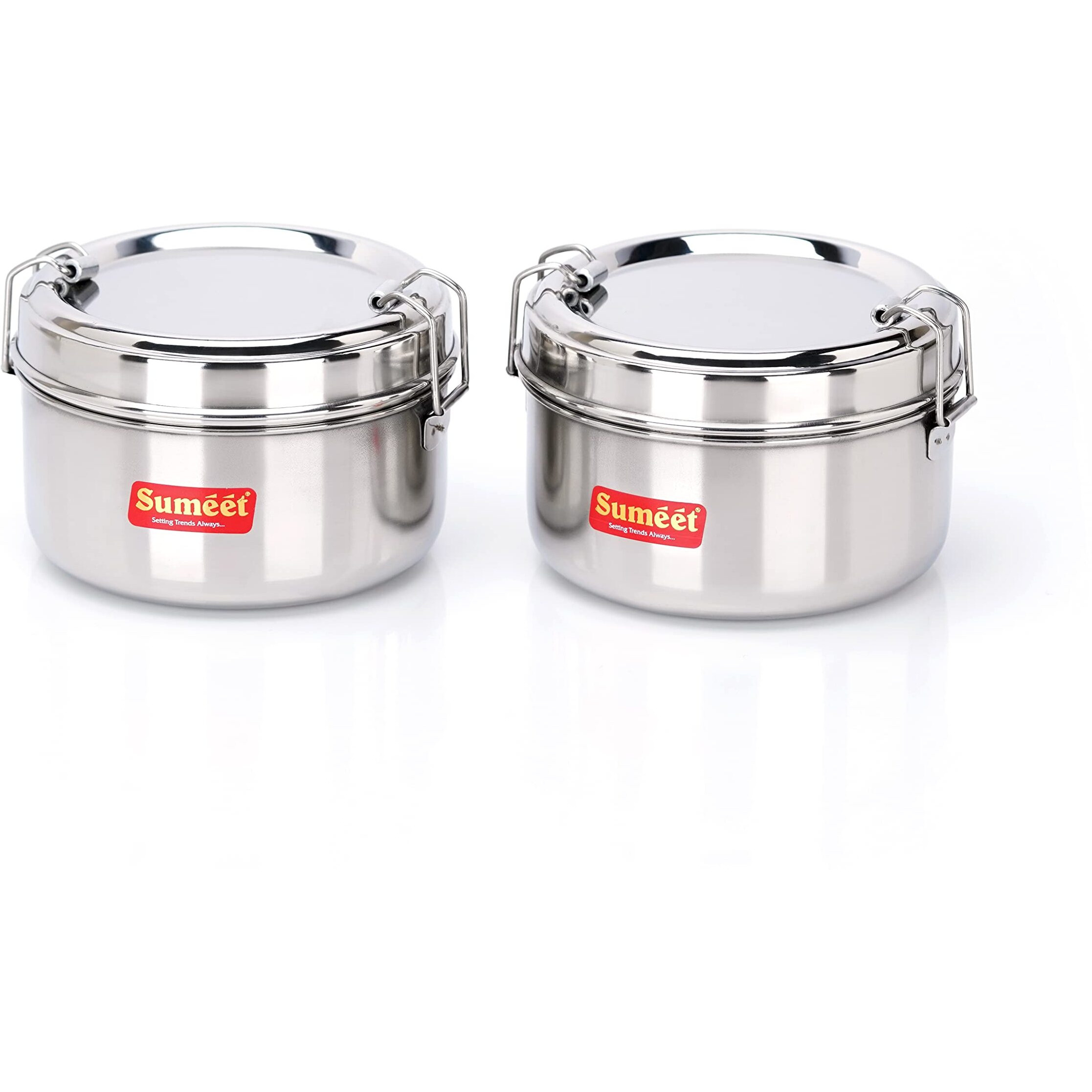 Sumeet Stainless Steel Meal Pack Lunch Box/Tiffin With Steel Separator Plate And Locking Clip, Set Of 2Pc, 300Ml Each, 11.5Cm Dia, Silver